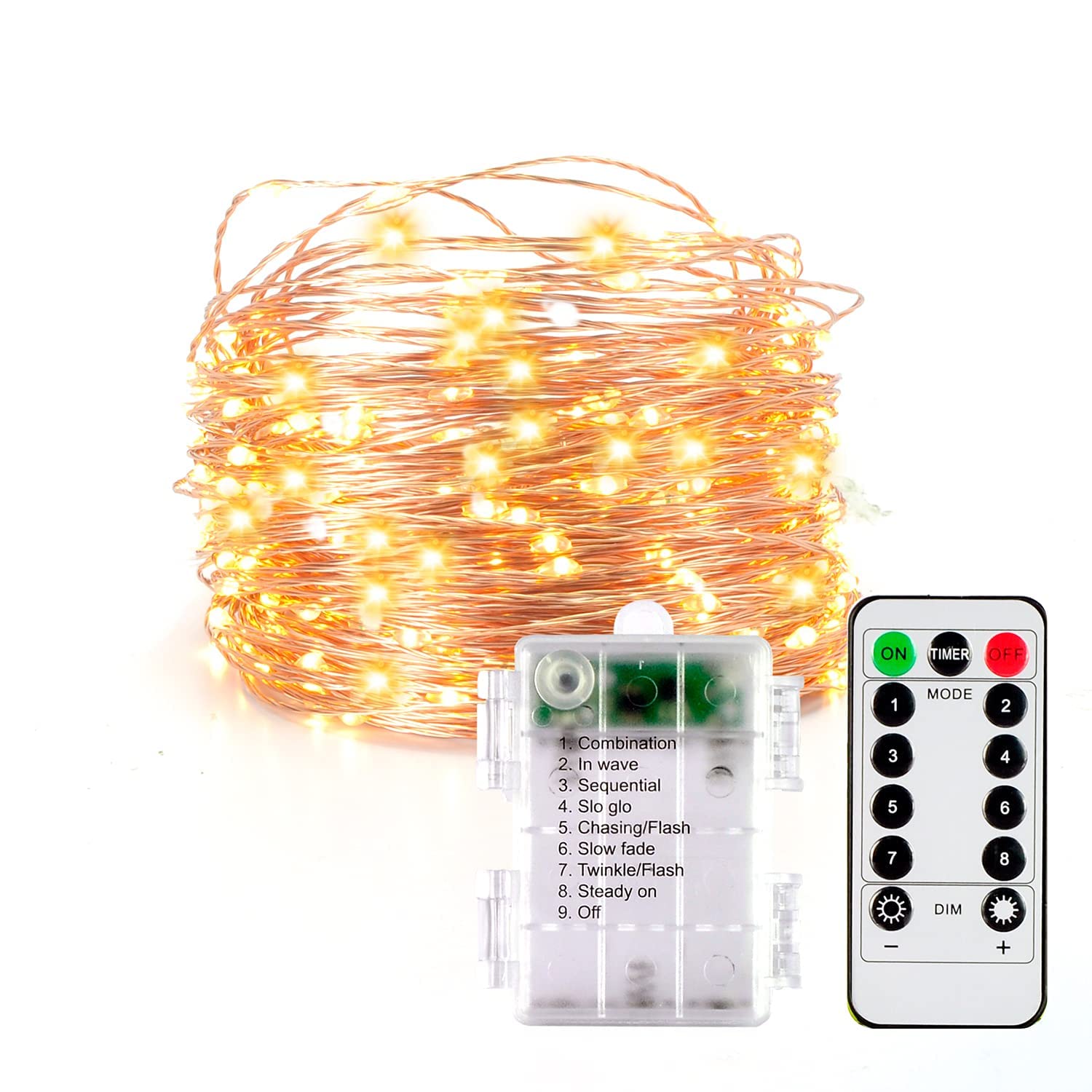 100 LED Fairy Lights - 33ft Battery Operated with Remote for Indoor/Outdoor Decor