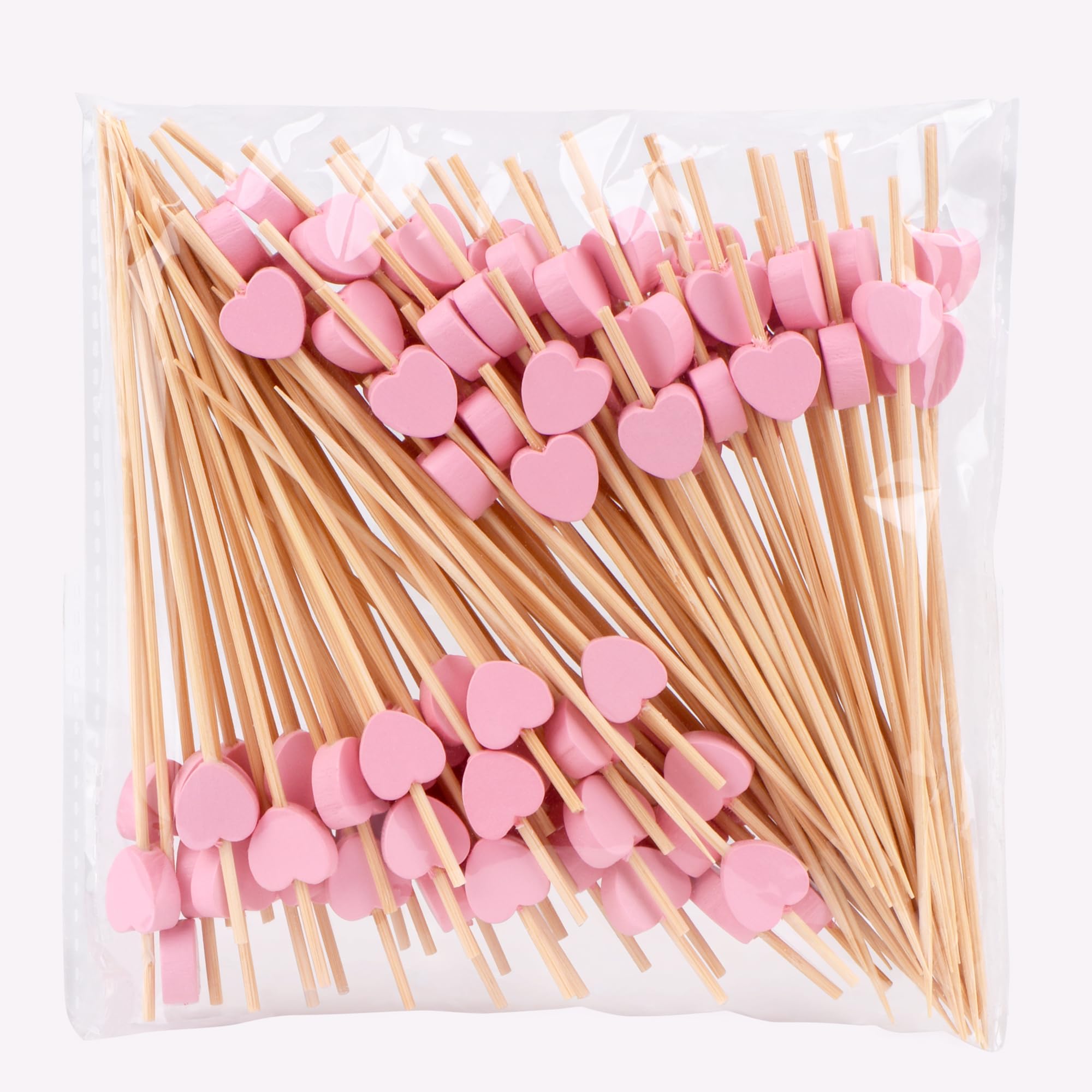 Heart-Shaped Bamboo Toothpicks 100 Pack - Natural Appetizer Picks for Fruit, Cake & BBQ Parties (Pink)