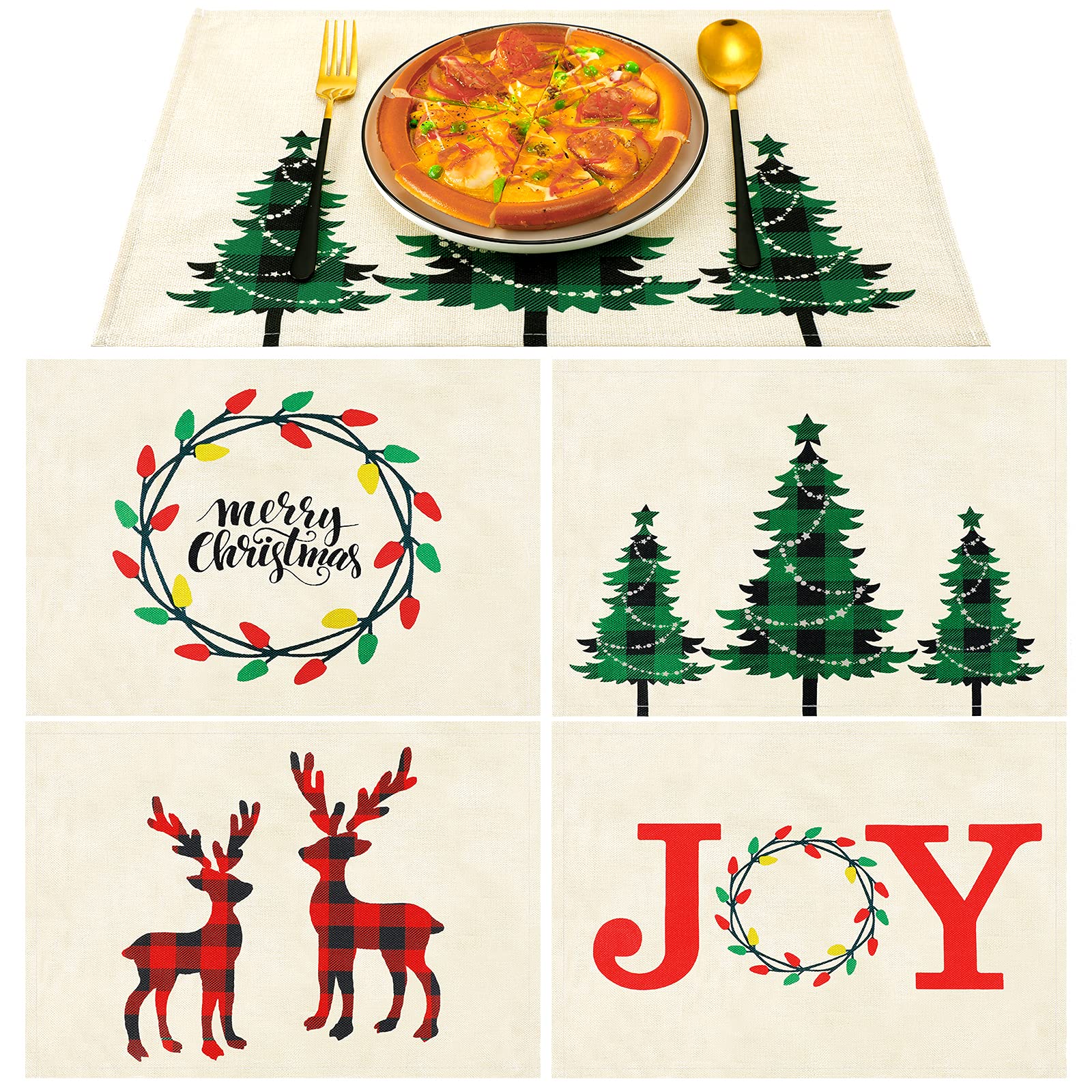 4-Piece Christmas Placemats Set - Holiday Tree Reindeer Elk Farmhouse Style Burlap Table Mats for Dining Room Kitchen Decor | Perfect for Christmas Dinner, Party & Festive Home Decoration