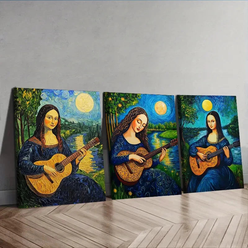 3-Piece Mona Lisa Playing Guitar Wall Art Set - Framed Canvas 40x60cm (16x24in) - High Quality Print - 100% Australian Made - Ready to Hang - Perfect for Living Room, Bedroom & Office Decor