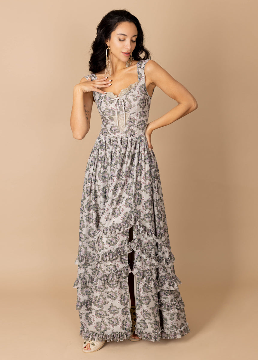 Elinda Women's Floral Print Dress in Taupe - Elegant Midi Dress for Casual Wear, Office & Special Occasions