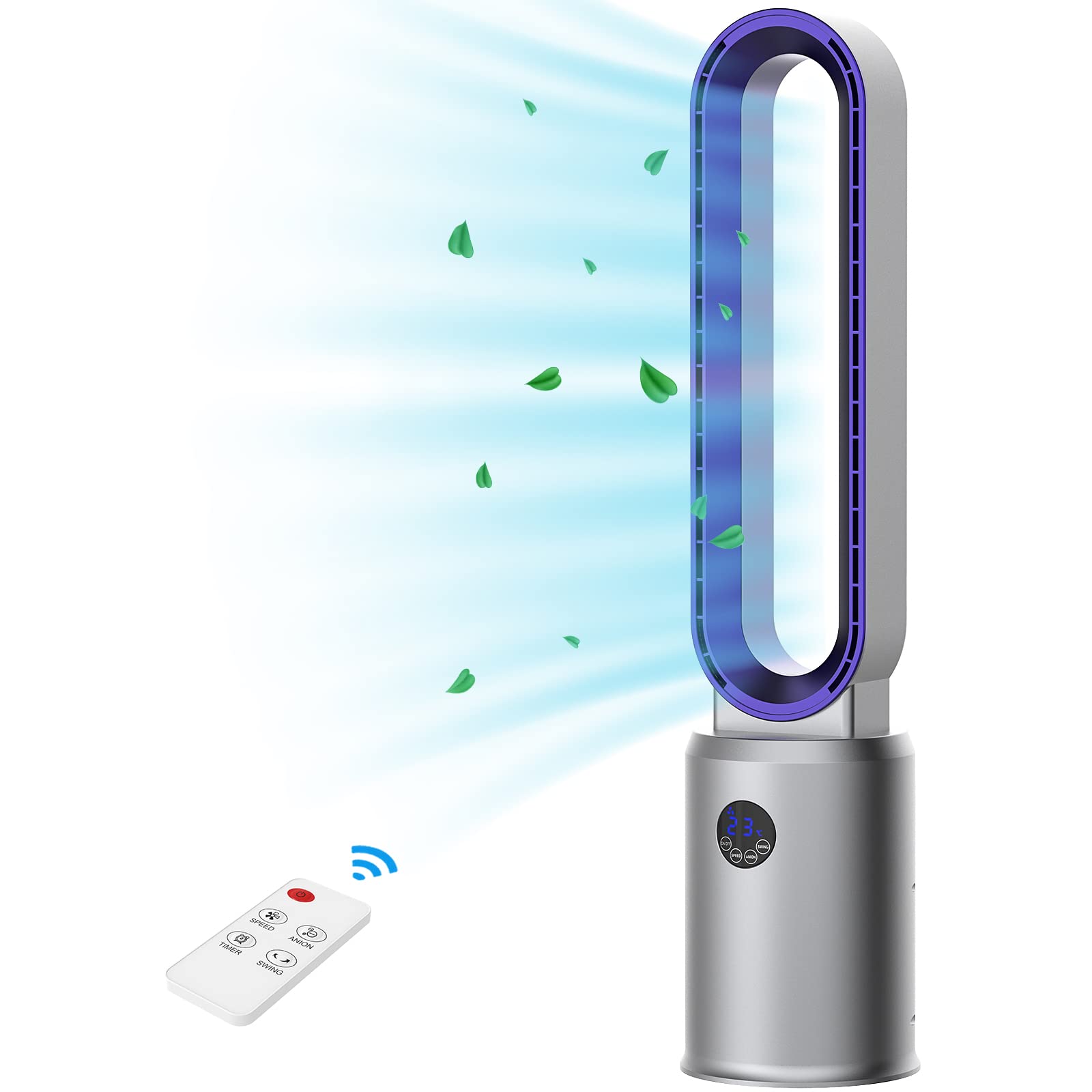 39 Inch Bladeless Tower Fan with Remote Control - Ultra Quiet Oscillating Air Circulator for Home, Bedroom & Office - 24 Speed Settings & 12 Hour Timer - Energy Efficient Cooling Fan (Purple) - Perfect for Summer, Hot Weather & Indoor Air Circulation