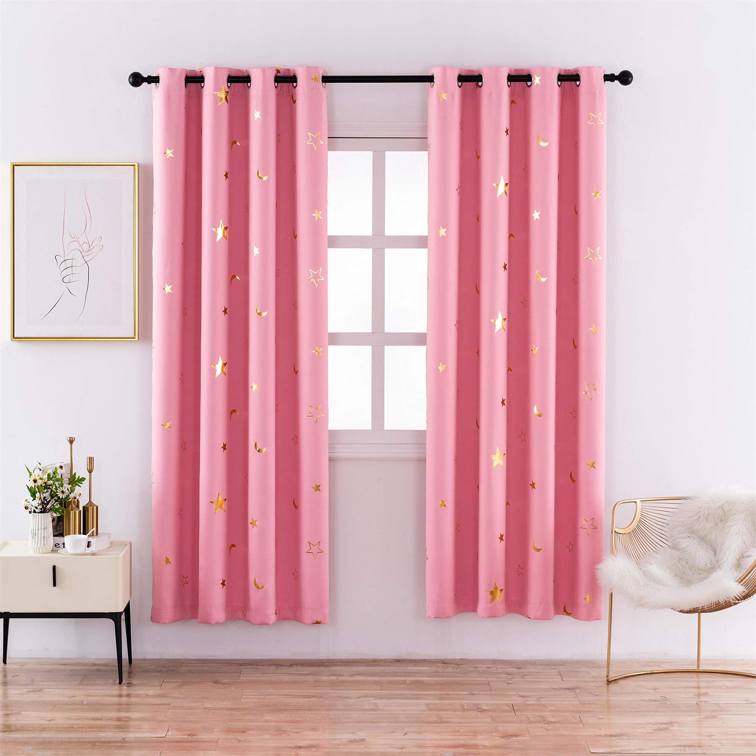 Pink & Gold Star Blackout Curtains for Girls Bedroom - Heavy Soft Energy Efficient Nursery Window Drapes, Grommet Top 52
