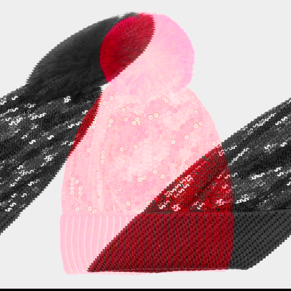Sparkly Red Sequin Embellished Pom Pom Beanie Hat for Women - Winter Warm Knit Hat with Faux Fur Pom - Perfect for Christmas, Holiday Parties & Outdoor Activities