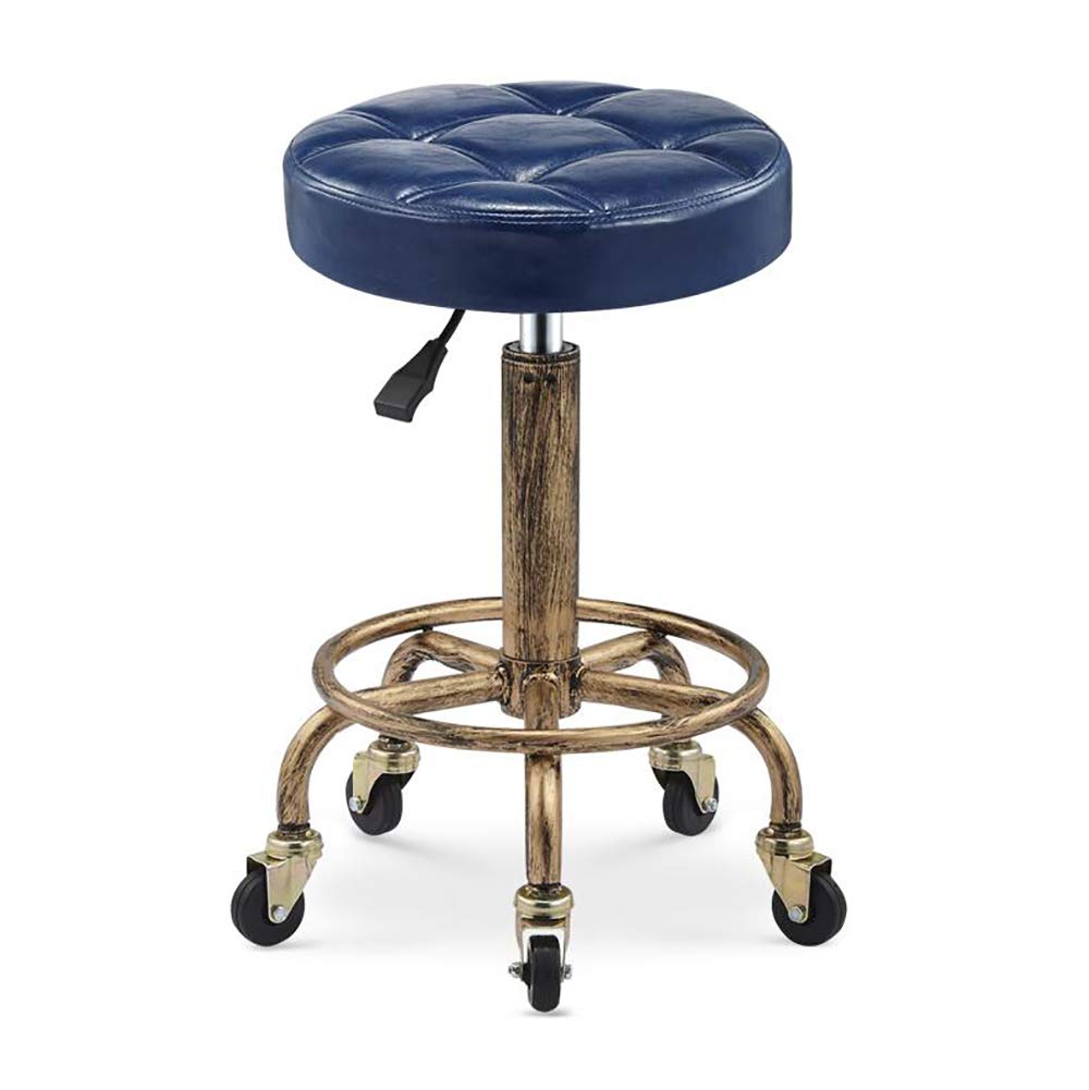 Adjustable Rolling Reception Desk Chair with Wheels & Backrest - Tall Workbench Stool with Footrest for Shop, Pedicure, Tattoo Studio - Black & Blue (Perfect for Salon, Spa, Clinic & Office Use)