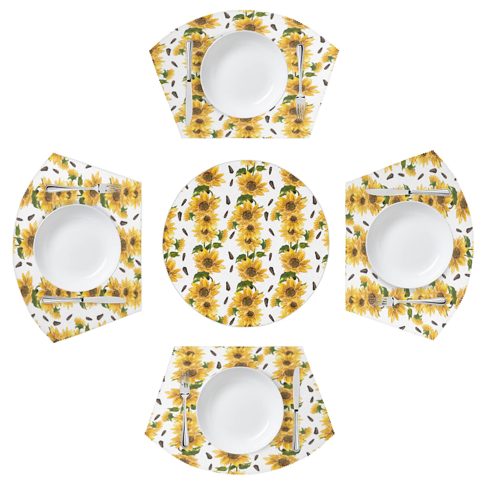Sunflower Pattern Round Table Placemats Set of 4 - Heat Resistant, Non-Slip & Washable Polyester Place Mats for Dining Table - Perfect for Summer Decor, Kitchen Protection & Everyday Meals
