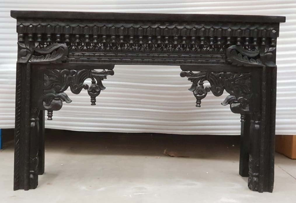 Hand Carved Solid Wood Console Table - Indian Black Wooden Entryway Hall Table for Living Room, Foyer & Home Decor