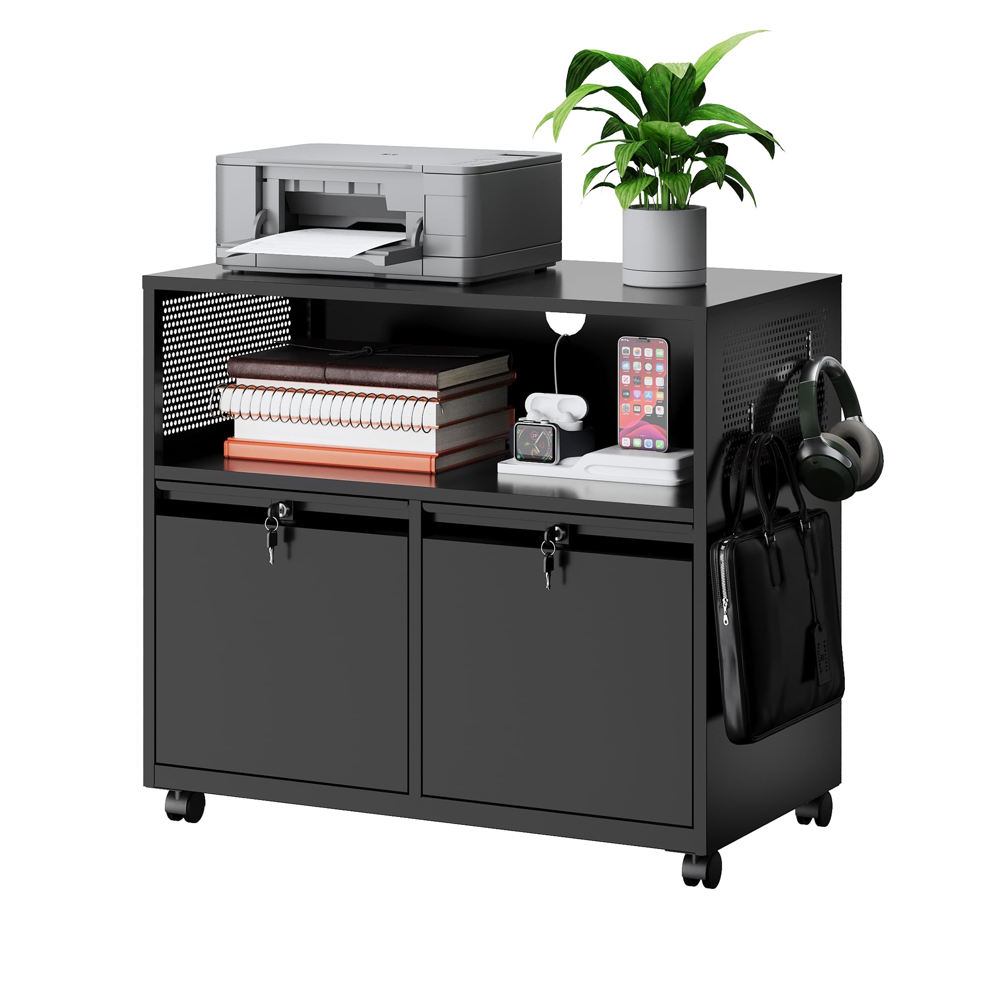 MIIIKO 2-Drawer Rolling File Cabinet with Storage Shelf - Black Metal Home Office Organizer for Printer, Letter & A4 Files | Perfect for Document Storage and Workspace Organization