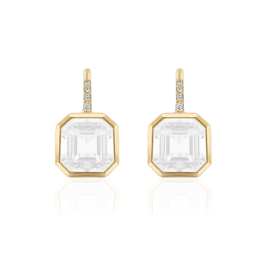 Goshwara Asscher Cut Moon Quartz & Diamond 18K Yellow Gold Earrings for Women – Elegant Luxury Jewelry for Weddings, Parties & Special Occasions