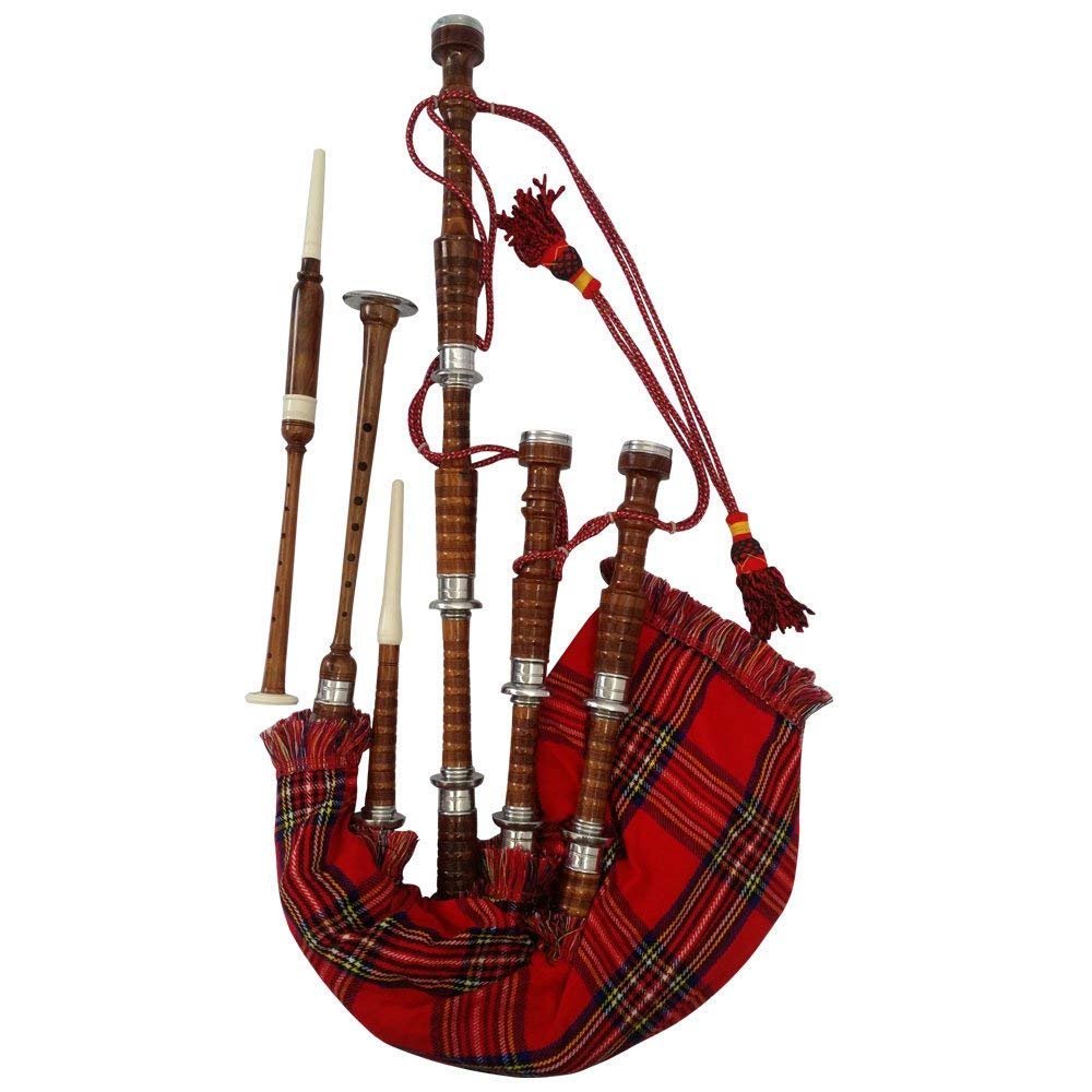 Premium Rosewood Scottish Bagpipe with Royal Stewart Tartan - Natural Finish & Silver Plain Mounts | Includes Free Tutor Book, Carrying Bag, Drone & Reeds | Perfect for Beginners, Performances & Celtic Music Events (USA)