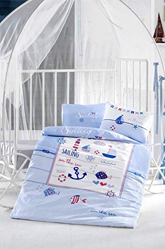 100% Cotton Nautical Baby Bedding Set - Sailing Fish & Lighthouse Theme Nursery Crib Set for Boys & Girls (5-Piece Duvet Cover with Comforter) | Perfect for Newborns, Toddlers & Coastal Nursery Decor