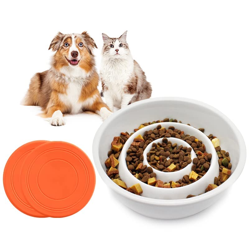 GH Ceramic Slow Feeder Dog Bowl for Small & Medium Dogs - 3 Cup Capacity with 2 Free Flying Disc Toys - Anti-Choke Design for Fast Eaters - Perfect for Mealtime Fun & Outdoor Play (White)