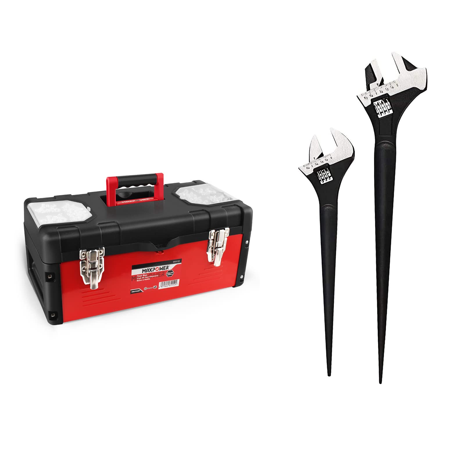 MAXPOWER 17-Inch Heavy Duty Tool Box with Adjustable Spud Wrenches Set - Professional Mechanic Tool Kit for Automotive Repair, Plumbing & Construction Work