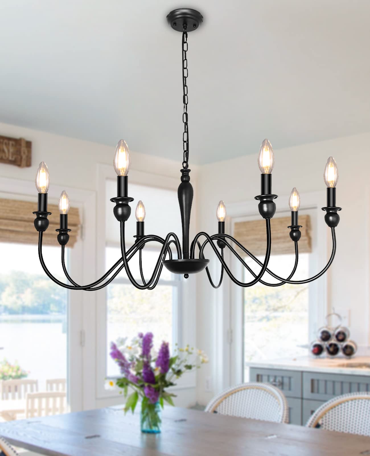 LASENCHOO 8-Light Farmhouse Chandelier - Black Rustic Ceiling Light Fixture for Dining Room, Living Room, Bedroom, Kitchen Island & Foyer | Industrial Candle-Style Hanging Lighting for Home Decor