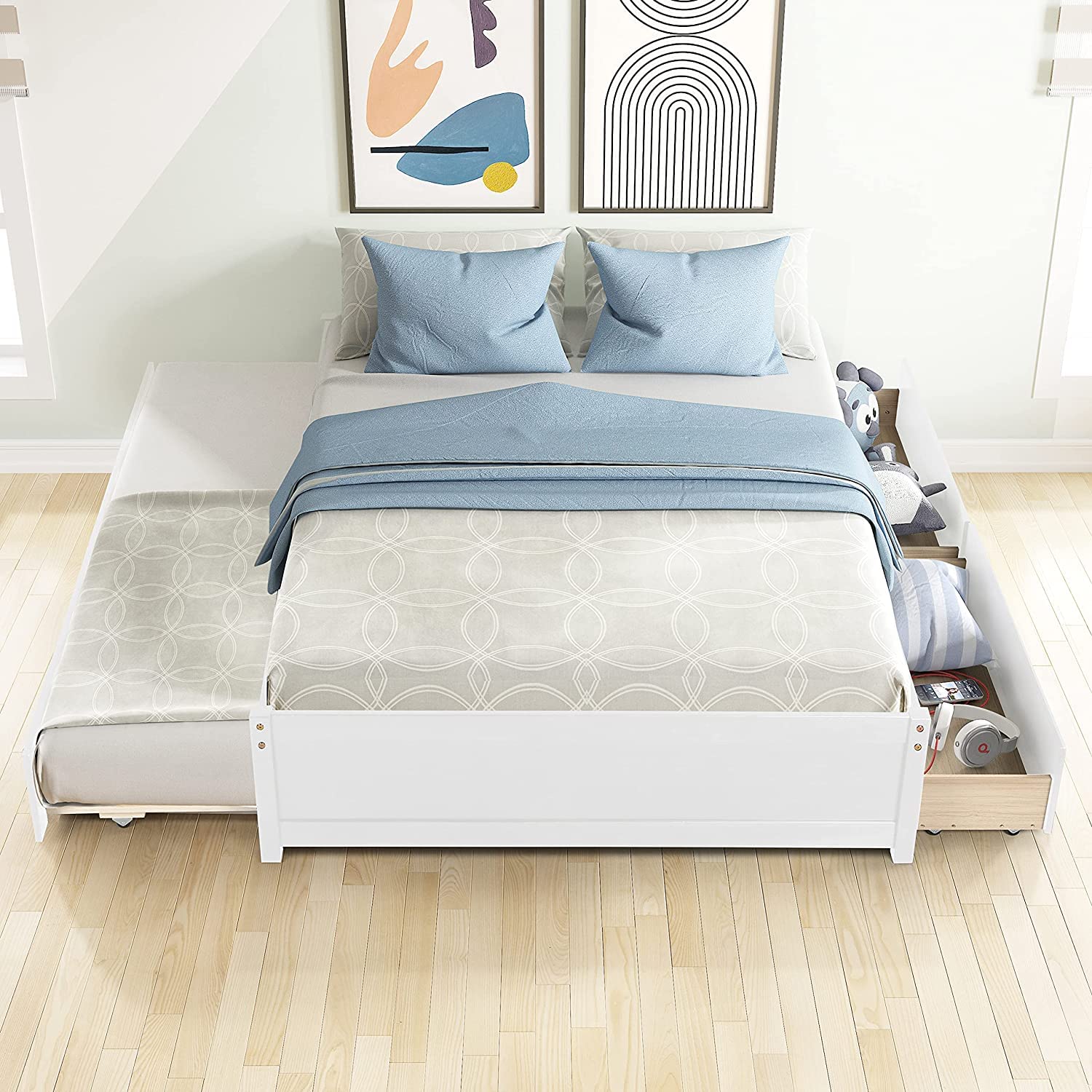 Rophefx Solid Wood Full Size Platform Bed with Twin Trundle & 2 Drawers - Kids Bedroom Furniture for Small Spaces, Guest Room & Sleepovers (White)