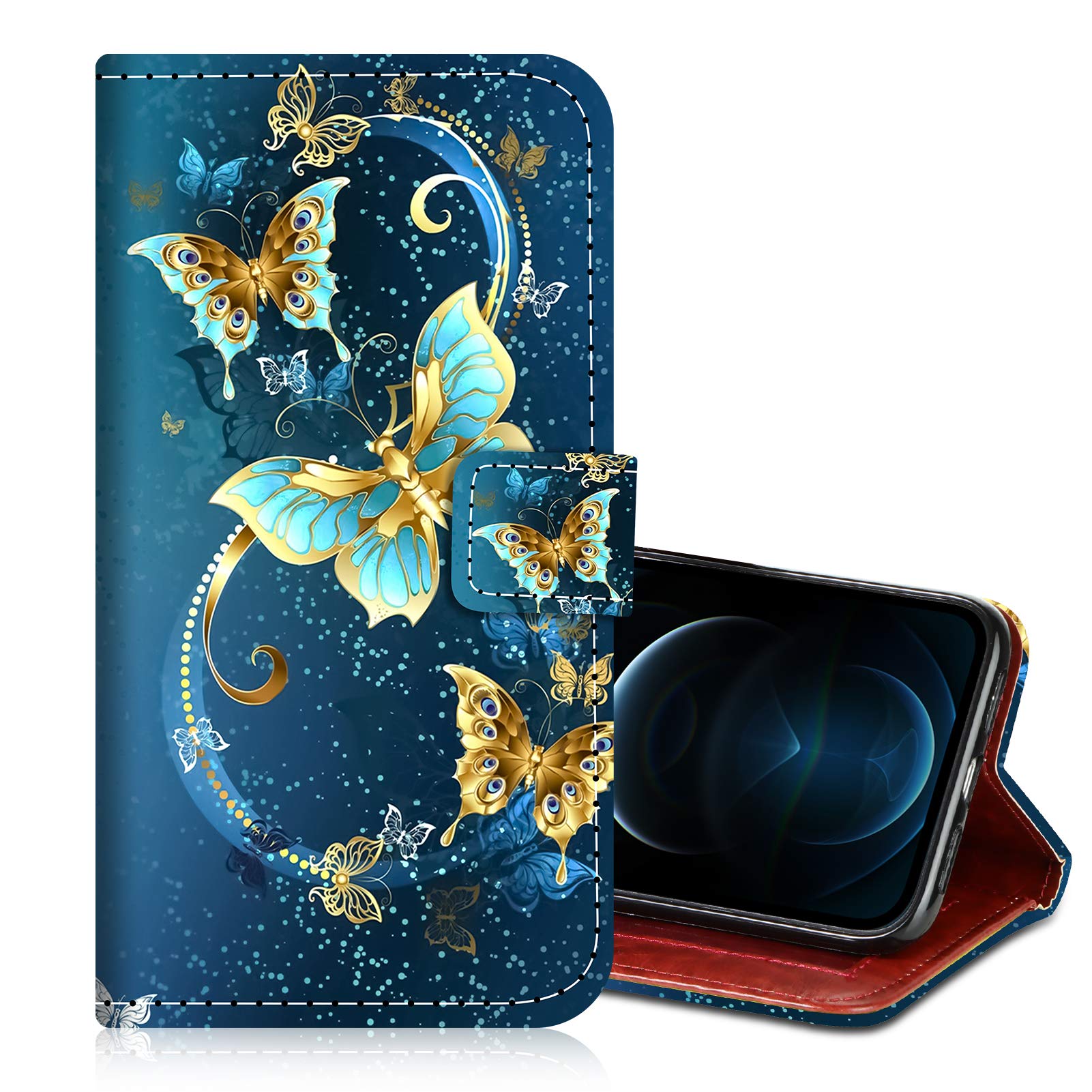 OOK iPhone 12 Pro Max Leather Wallet Case with Kickstand & Card Slots - Butterfly Design for Women & Girls - Protective Cover for 6.7