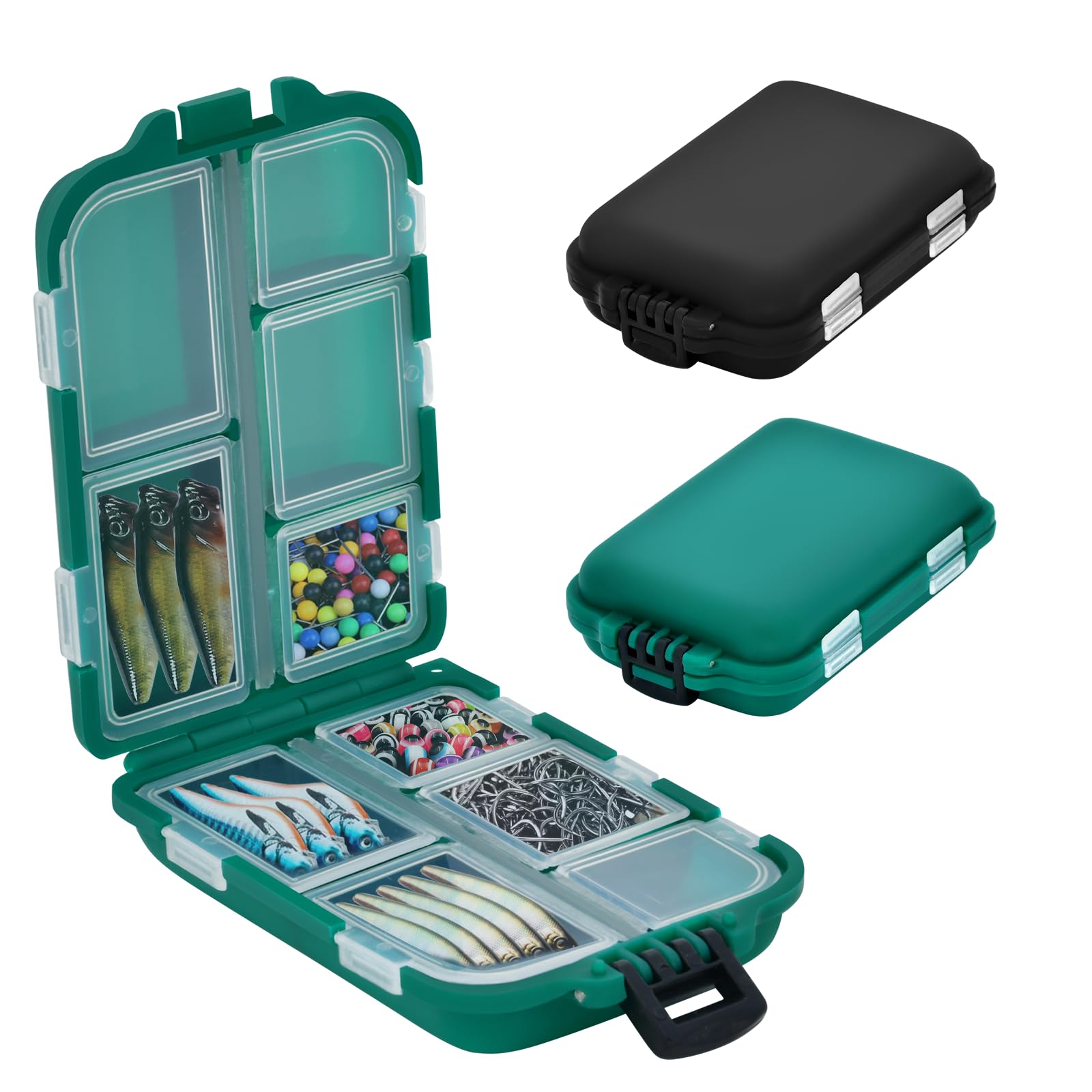 ROUDJER 2-Piece Waterproof Fishing Tackle Box Set - 10 Compartment Plastic Organizer with Transparent Lid (Black & Green) for Freshwater & Saltwater Fishing Gear Storage | Perfect for Boat, Shore, and Kayak Fishing Trips