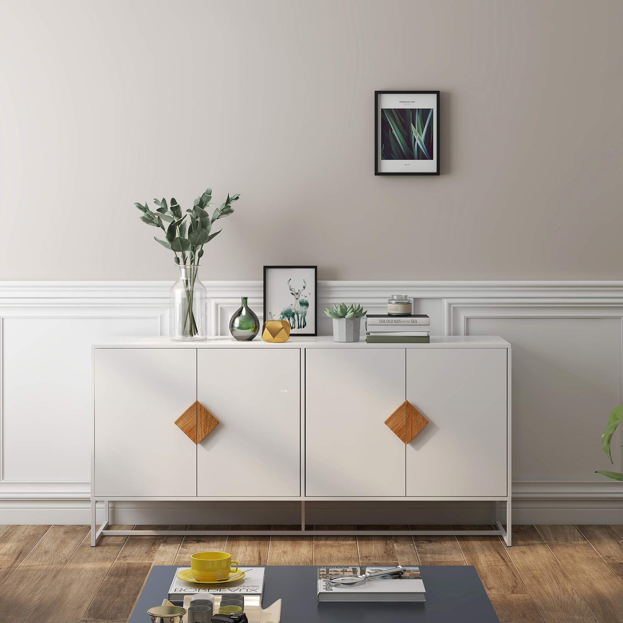 Solid Wood Sideboard Cabinet with Metal Legs - 4-Door Kitchen Buffet Storage Cabinet with Square Handles for Living Room, Office, Bedroom & Entryway - Perfect for Dining Room Storage, Home Organization & Displaying Decor