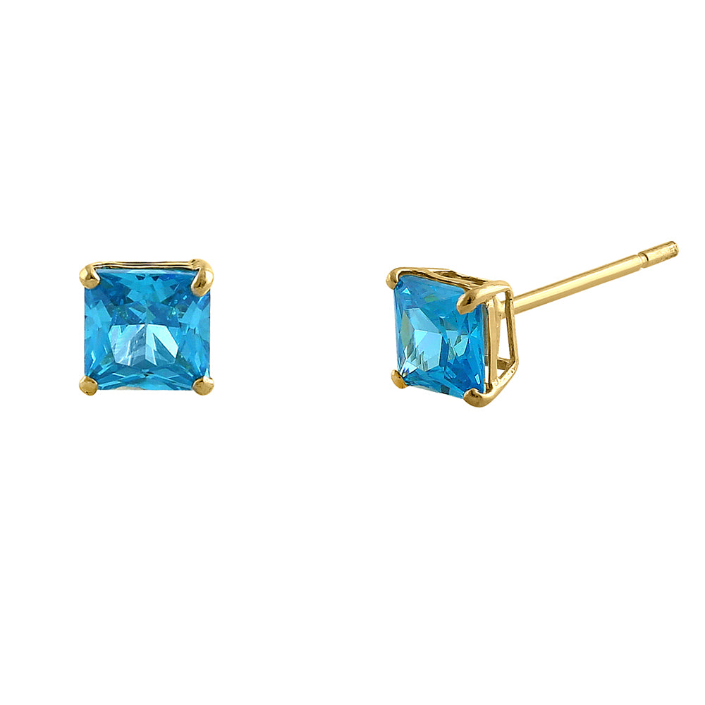0.78 ct Solid 14K Yellow Gold Princess Cut Blue Topaz & CZ Stud Earrings for Women - Elegant Gift for Anniversary, Birthday & Special Occasions