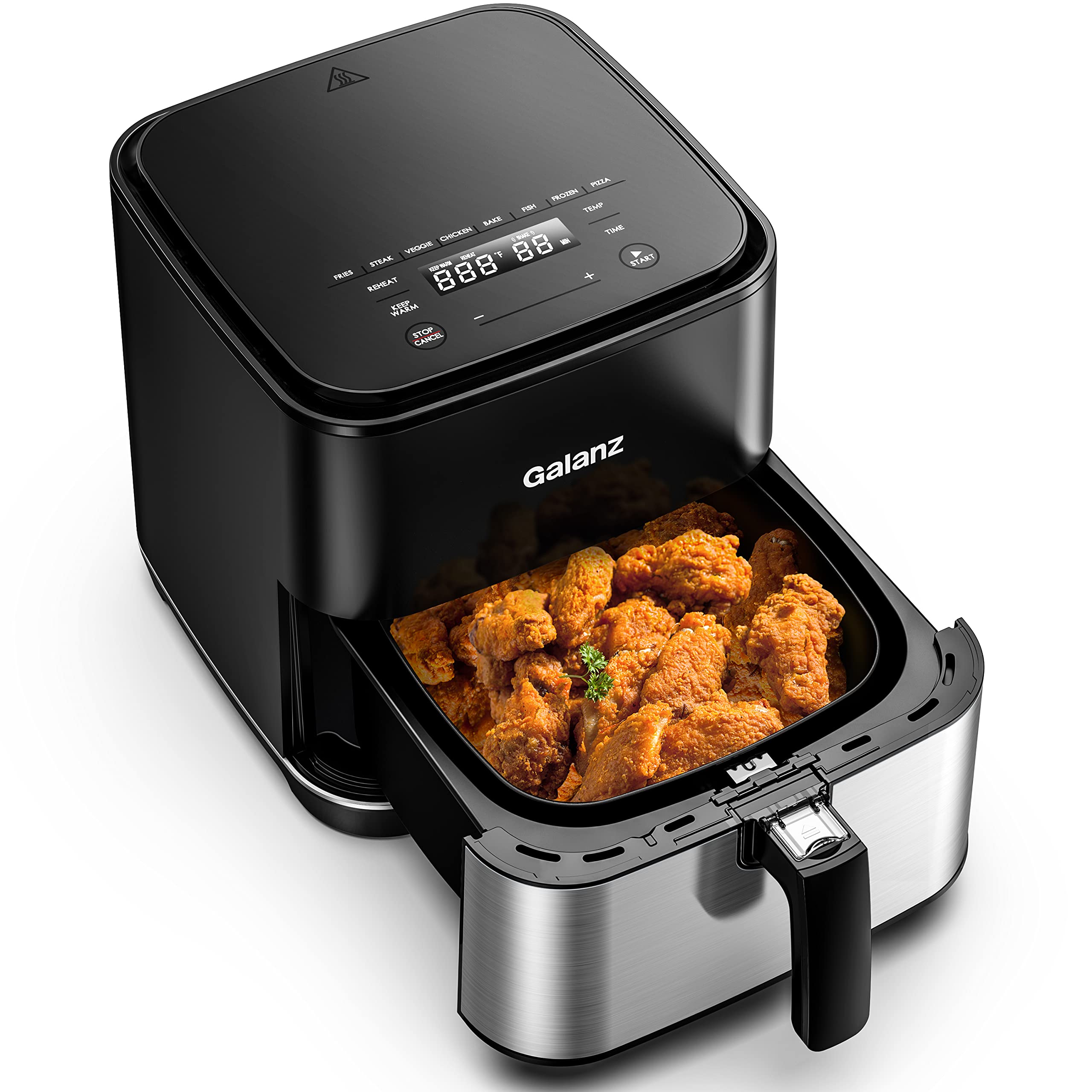 Galanz 5.8 Quart Stainless Steel Digital Air Fryer - Oil Free, Touch Control Panel, 8 Preset Functions, Shake Reminder & Nonstick Basket - Perfect for Healthy Cooking, Family Meals & Quick Snacks