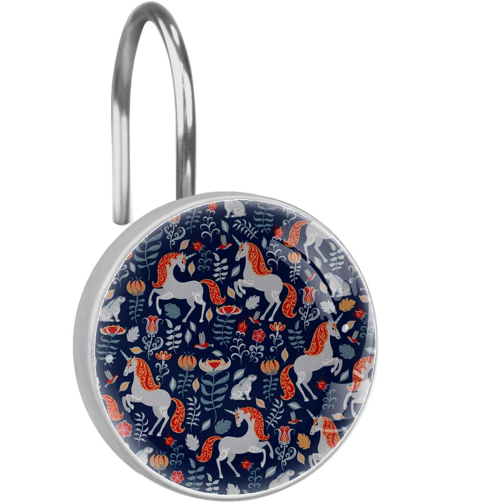 12 Pack Unicorn & Rabbit Shower Curtain Hooks with Floral Design - Navy Blue Bathroom Decor Hooks for Kids, Teens and Fantasy Theme Bathrooms - Waterproof Rust-Resistant Metal Hooks for Shower Curtains & Liners