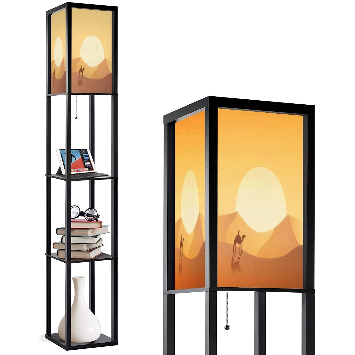 Farmhouse Industrial Floor Lamp with Shelves - Tall Standing Light with Flaxen Shade for Living Room, Bedroom & Home Office - Perfect Corner Accent Lamp for Reading & Relaxation