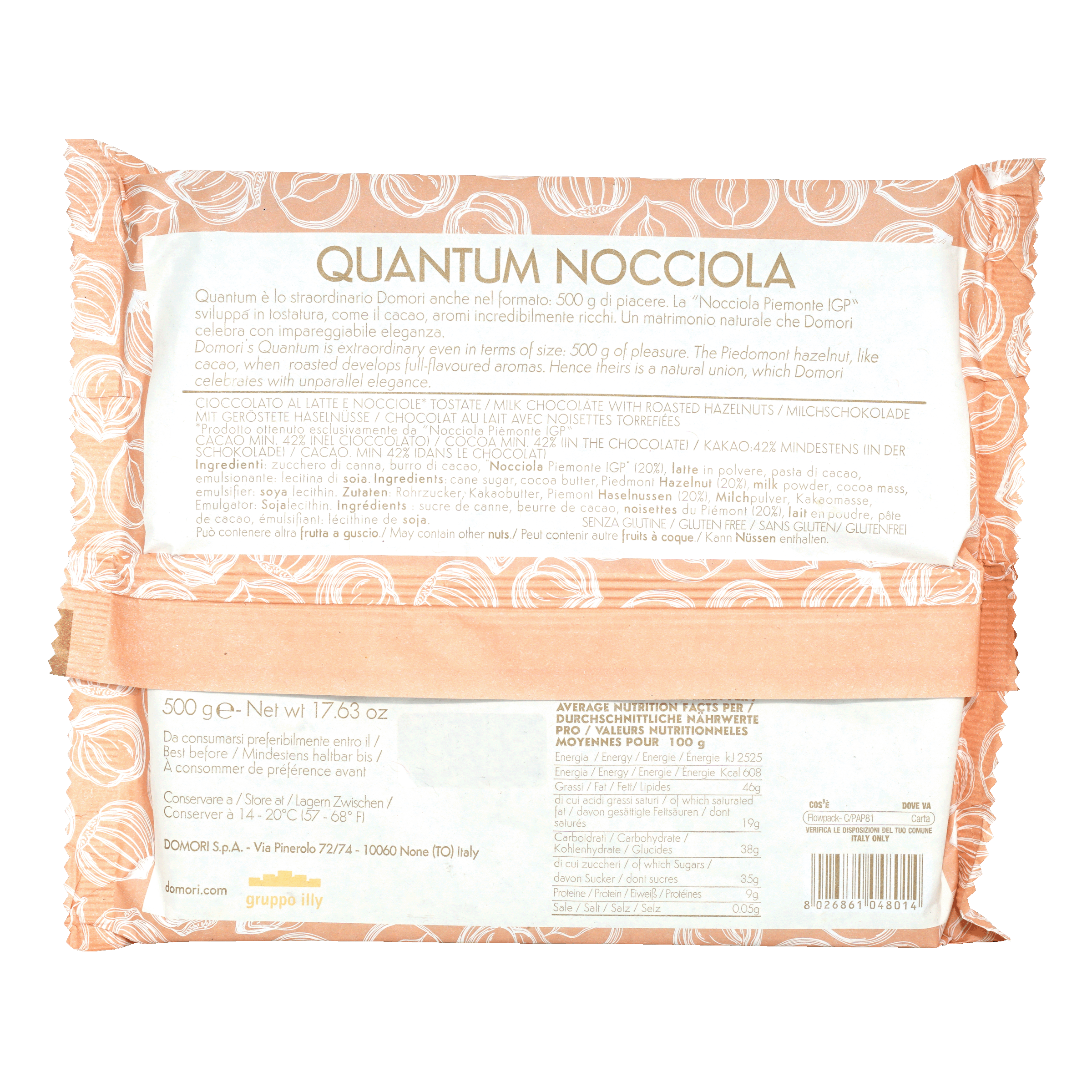 Domori Quantum Milk Chocolate with Hazelnuts 42% Cocoa - Premium Italian Chocolate Bar 500g - Gourmet Gift for Holidays, Birthday & Romantic Occasions
