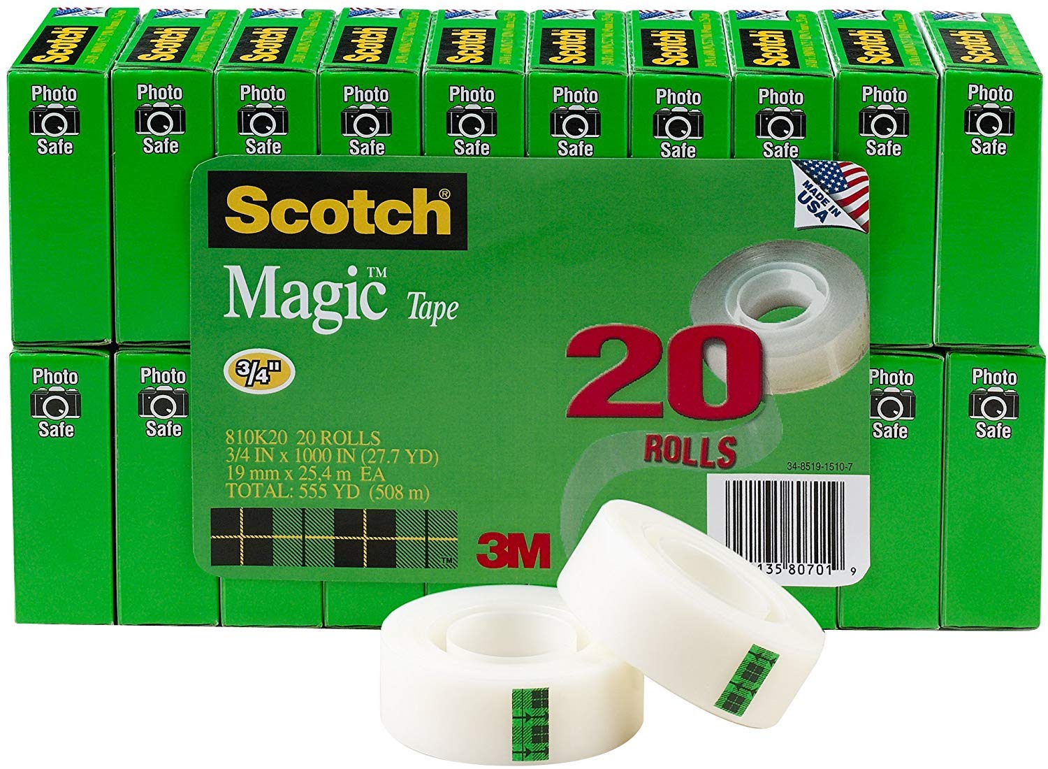 Scotch Magic Tape 3/4 Inch x 1000 Inches - 20 Rolls Bulk Pack (810K20) | Invisible, Removable & Writable Tape for Office, School, Home & Crafting | Perfect for Wrapping Gifts, Sealing Envelopes & Document Repair