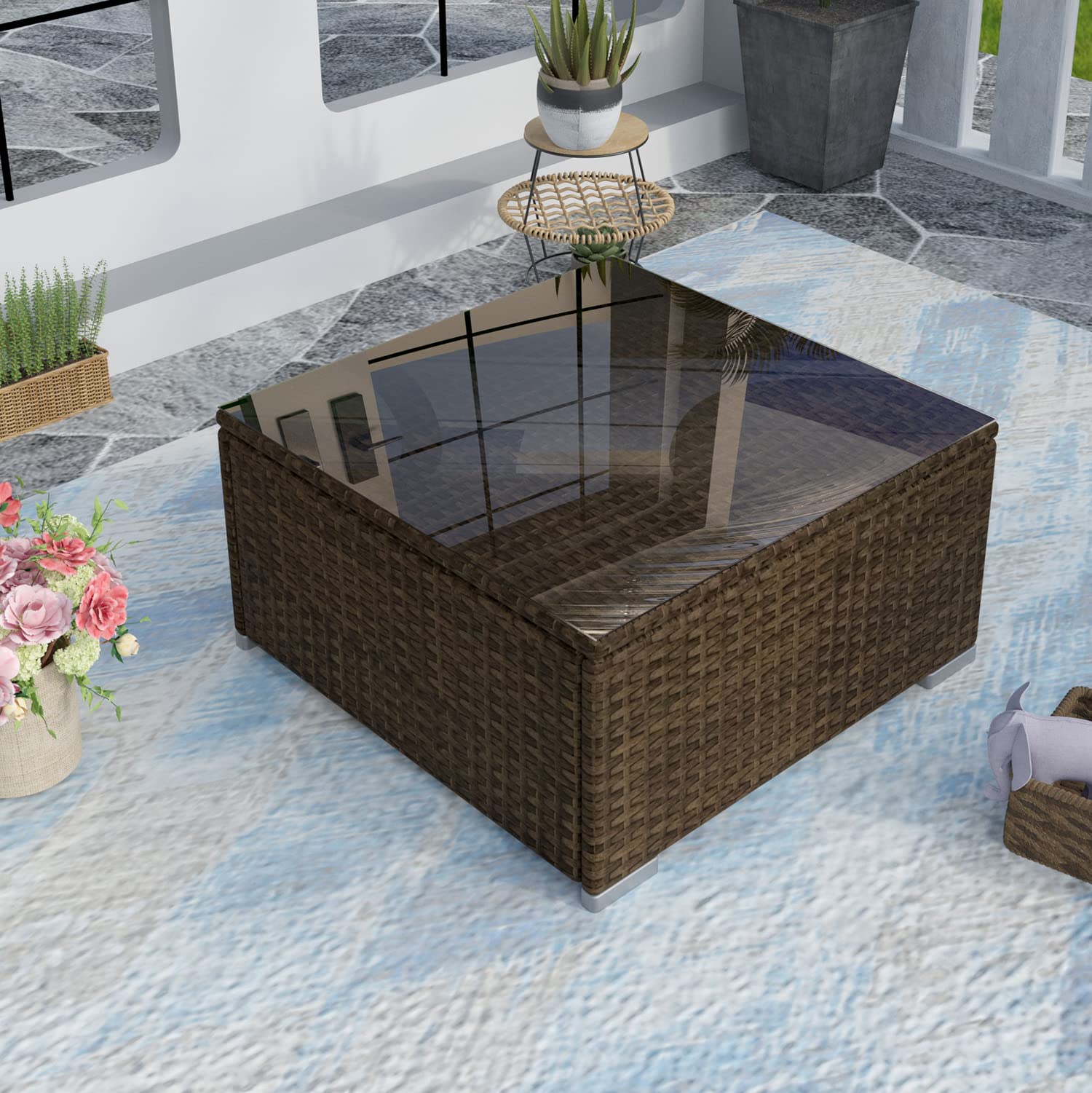 HOMPUS Outdoor Patio Furniture - Brown Wicker Coffee Table for Sectional Sofa Set, Weather-Resistant Rattan Side Table for Garden, Poolside, Deck & Backyard Relaxation