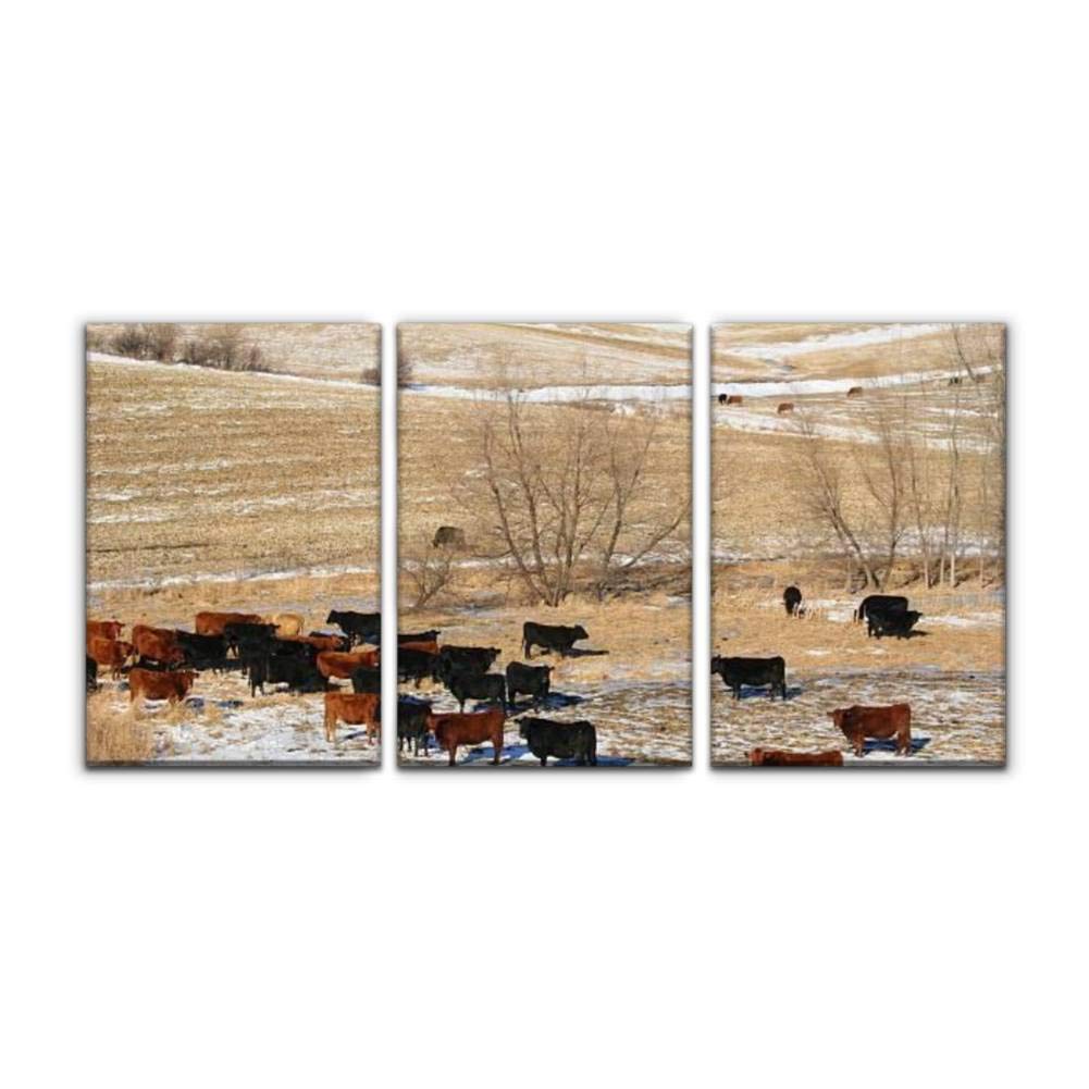 GraceLapin Modern Canvas Wall Art - Winter Nebraska Landscape Oil Painting of Cattle Grazing in Cornfield, Set of 3 Framed Prints (16x24 Inches) for Home, Office & Bedroom Decor - Perfect for Farmhouse, Rustic & Country Style Interiors