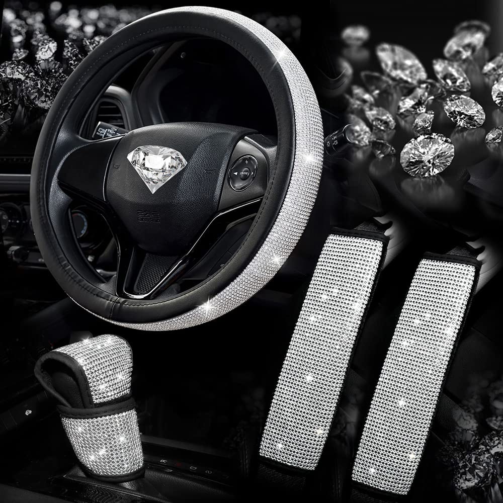 Sparkling 4-in-1 Car Accessories Set - Rhinestone Steering Wheel Cover, Seat Belt Cover & Gear Shift Cover | Universal Fit for Women's Cars | Interior Decoration & Protection | Perfect for Daily Commute, Road Trips & Gift Giving