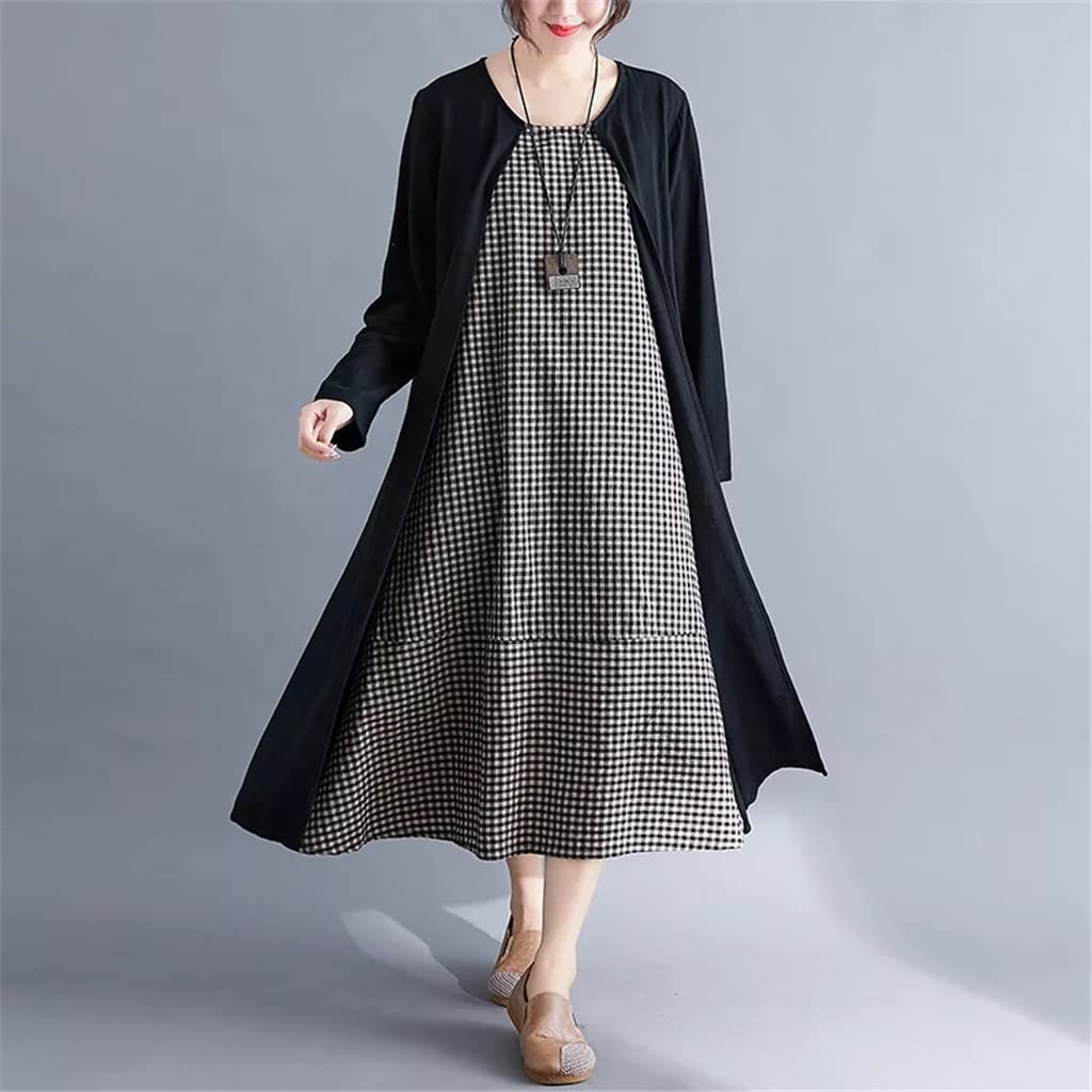 WALNUTA Women's Patchwork Plaid Long Sleeve Dress - Spring Fashion Loose Fit Office Work Dress & Casual Long Dress for Women | Perfect for Work, Date Night & Spring Outings