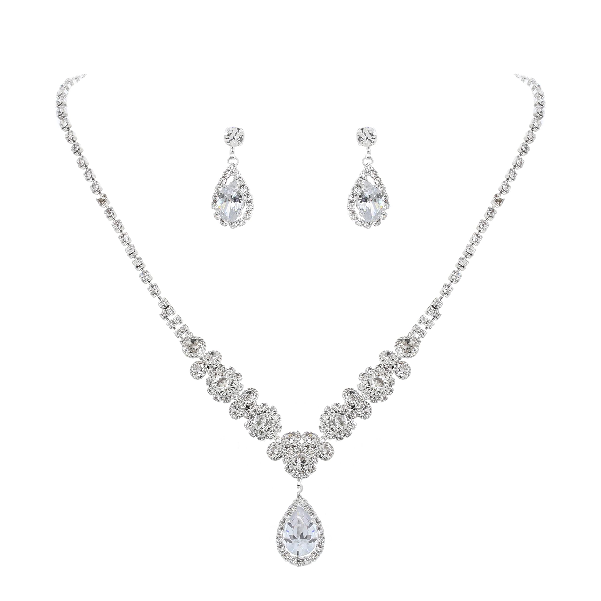 Barode Silver Rhinestone Bridal Jewelry Set - Teardrop Crystal Choker Necklace & Earrings for Women | Wedding, Prom, Formal Occasion Accessories