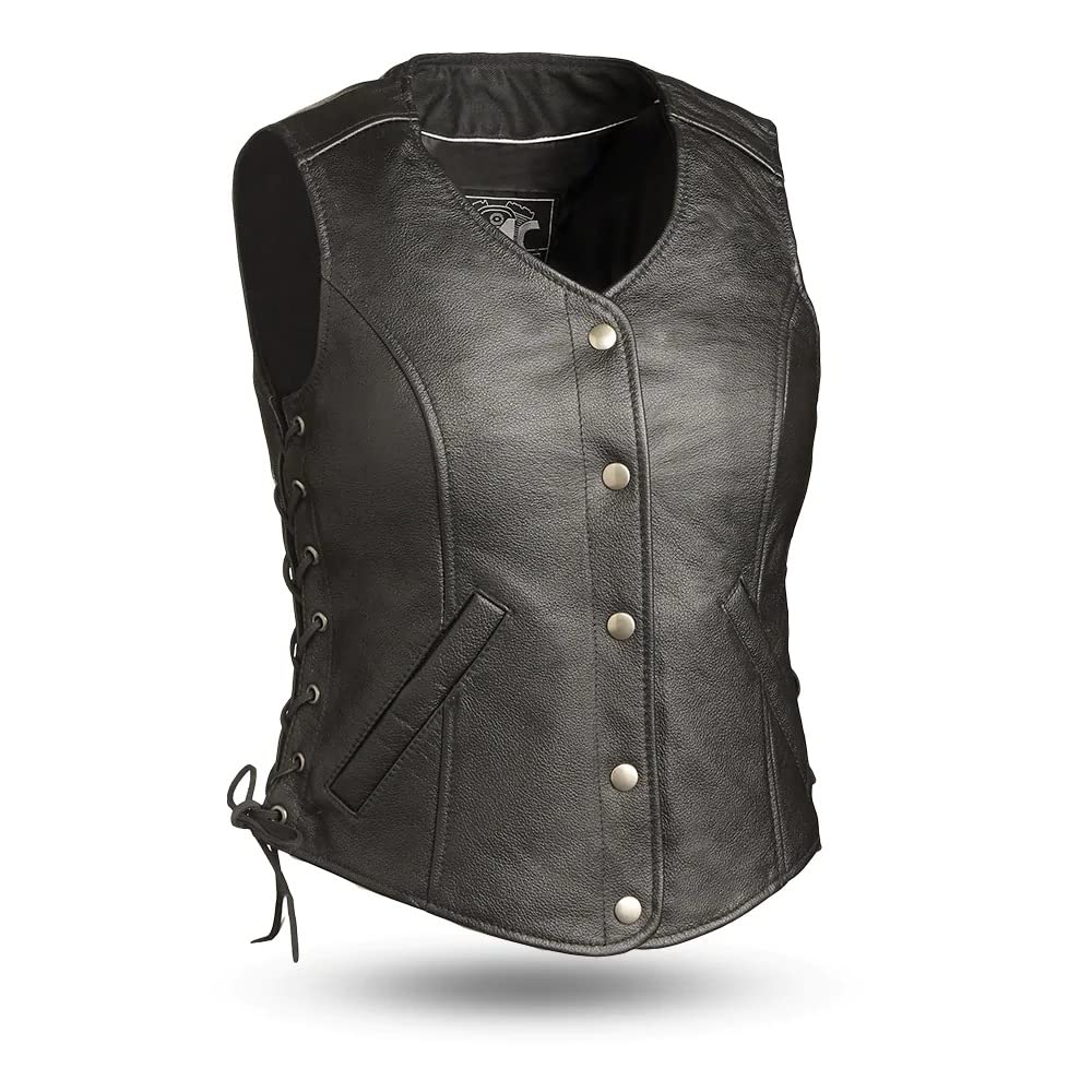 First Mfg Co Honey Badger Women's Motorcycle Vest - Genuine Leather Biker Jacket for Women - Black - Perfect for Riding, Motorcycle Events & Casual Wear