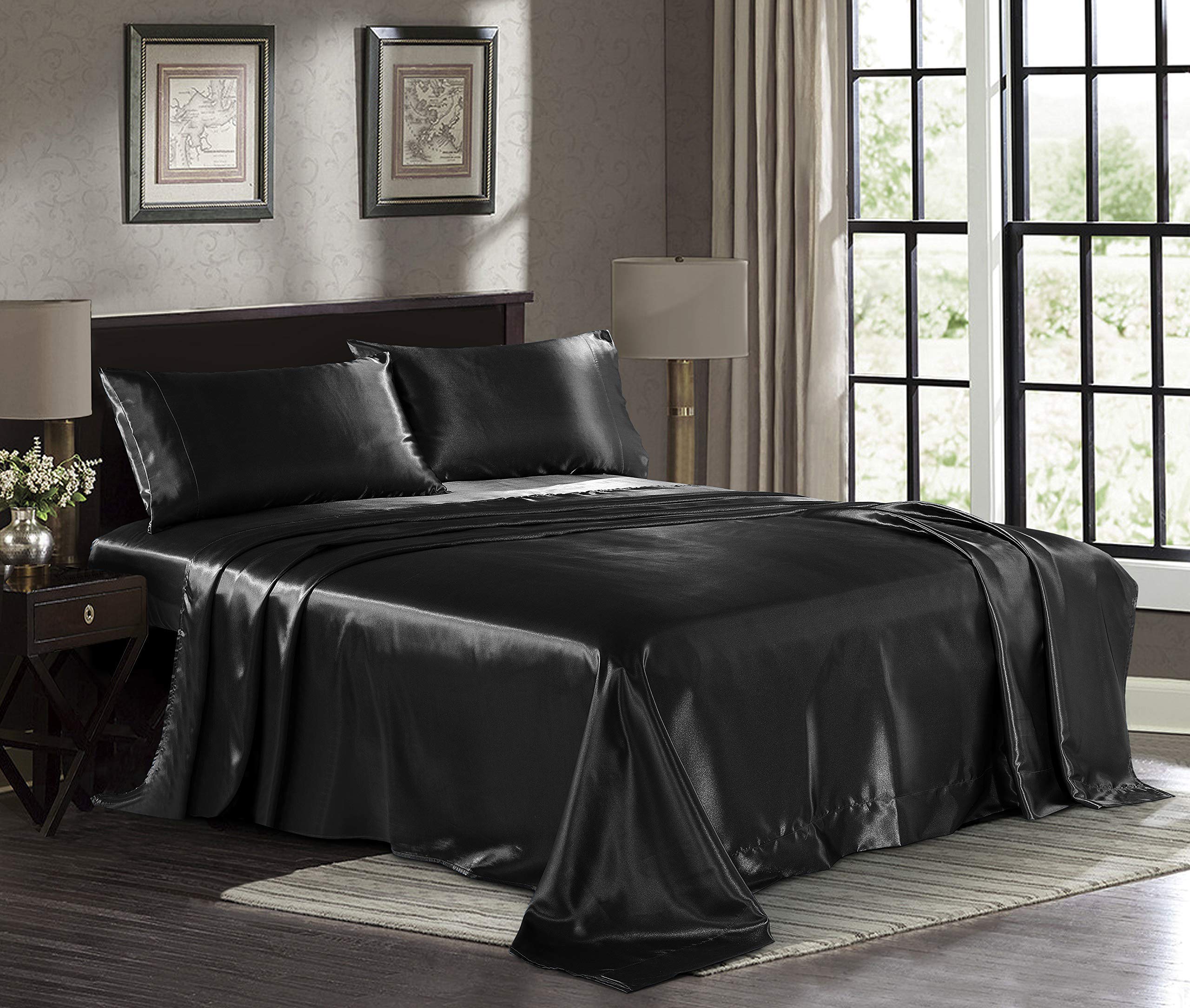 Luxury 1200 TC Satin Sheets Queen Size 4-Piece Set - Ultra Soft & Silky Black Bedding with Deep Pocket (11-15 Inch) - Wrinkle, Fade & Stain Resistant - Includes Fitted Sheet, Flat Sheet & Pillowcases - Perfect for Hotels, Master Bedrooms & Gift Giving