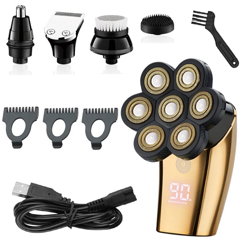 7-Blade Rechargeable Electric Shaver for Bald Men - Waterproof Head & Beard Trimmer with Grooming Kit, 5-in-1 Body Hair Clipper for Smooth Shaving at Home & Travel (Color Options Available)
