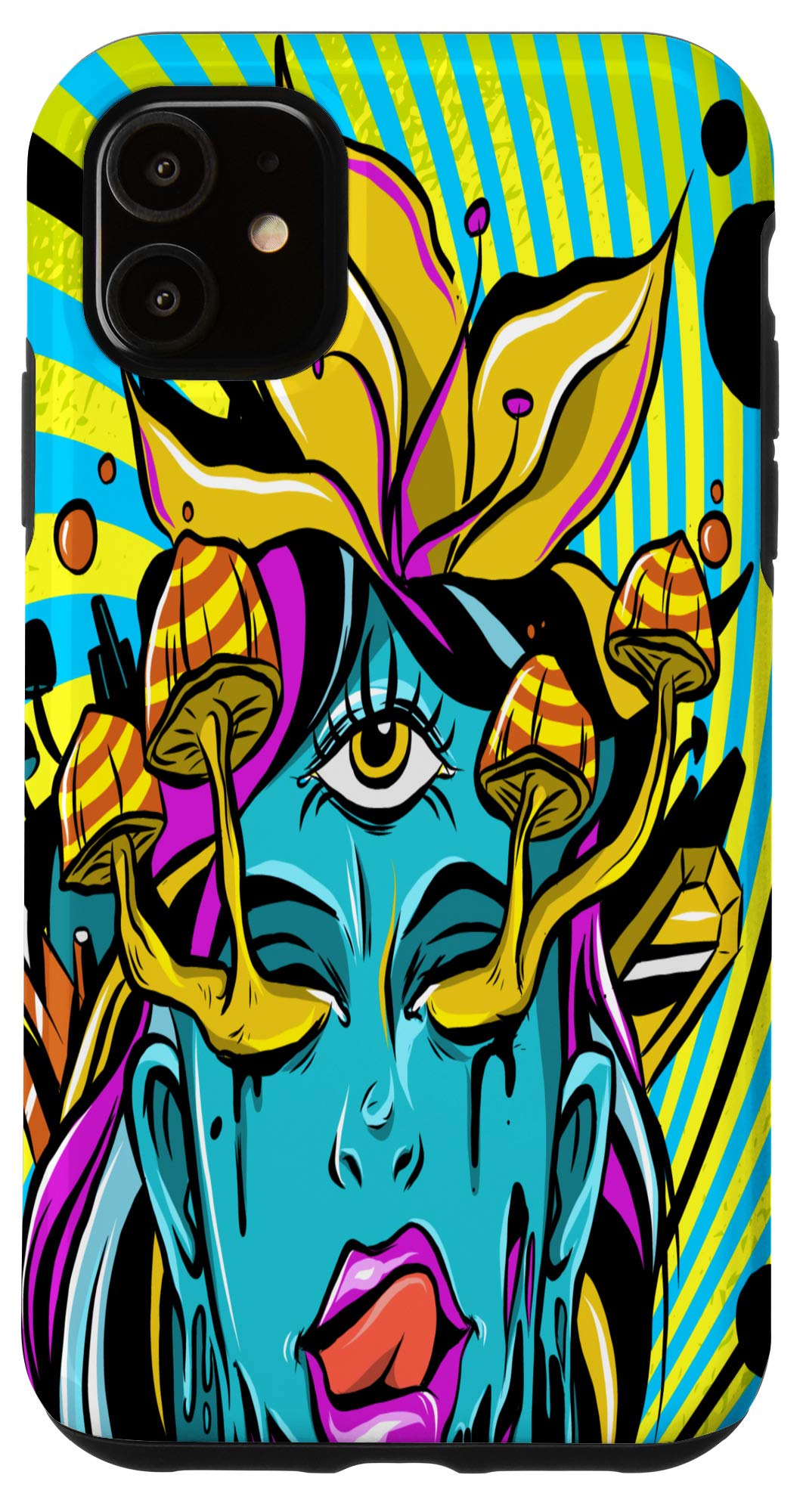 iPhone 11 Case - Trippy Magic Mushroom Girl Design | Colorful Psychedelic Style Protective Cover for Daily Use, Parties & Music Festivals