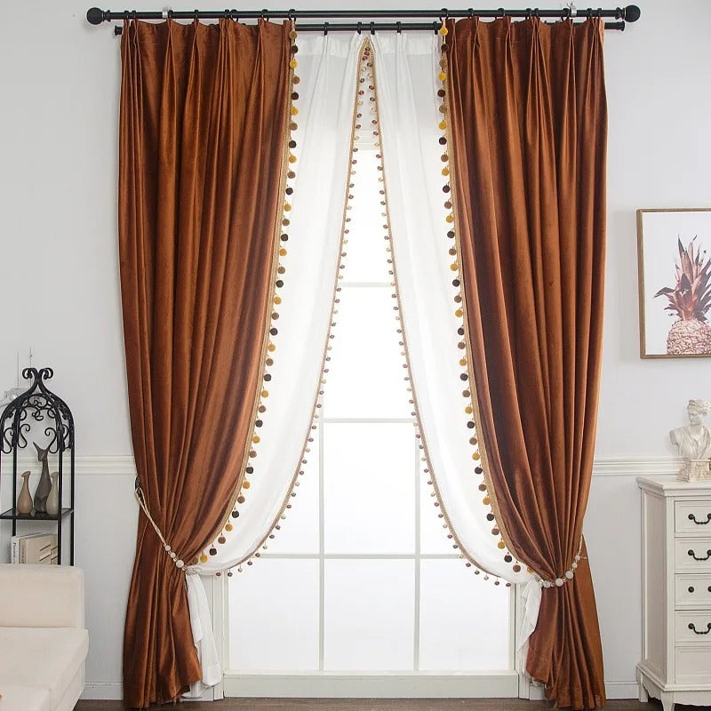 Luxury European Pompom Lace Velvet Curtains - Orange - Elegant Window Treatment for Living Room, Bedroom & Nursery Décor