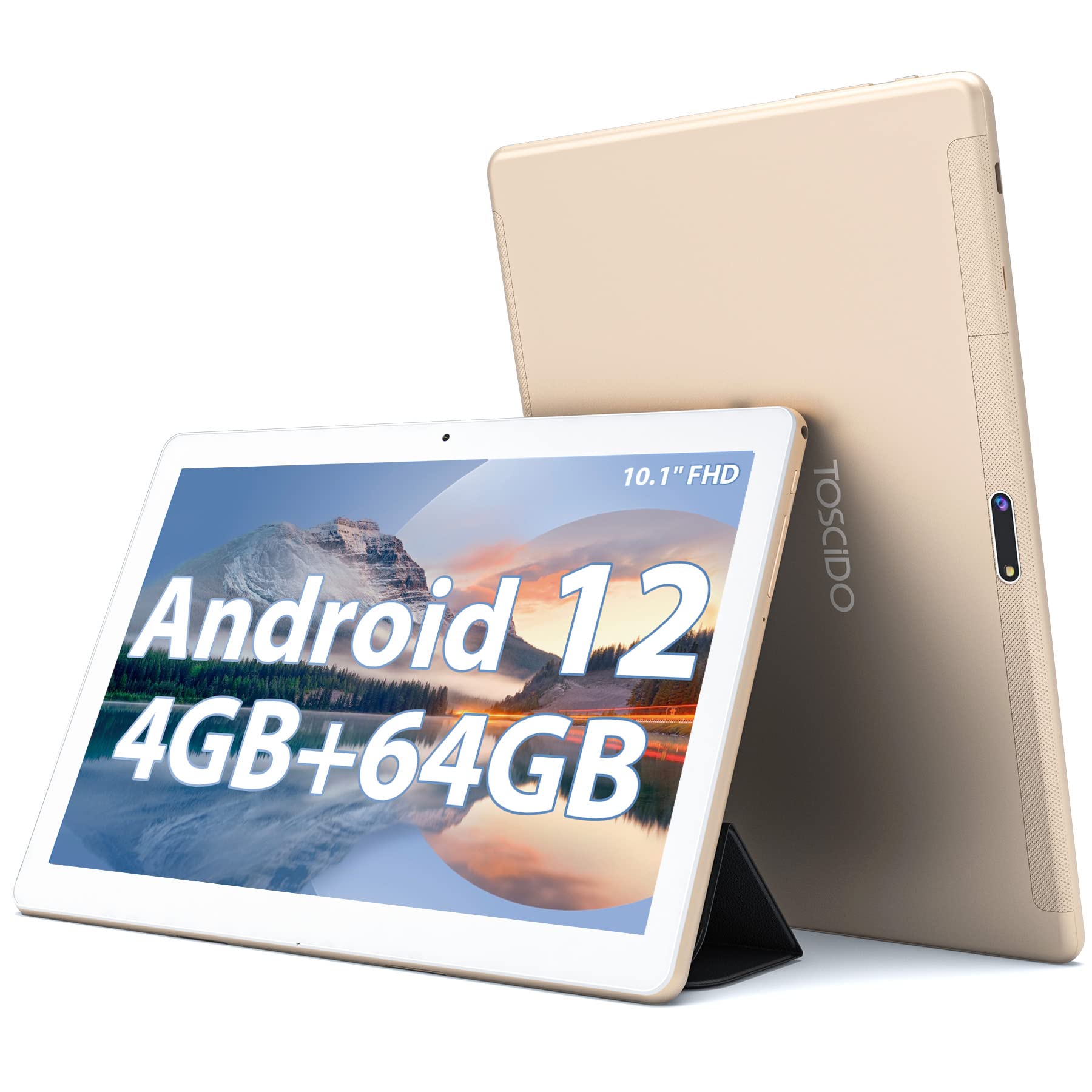TOSCiDO Android 12 Tablet 10.1 Inch - 4GB RAM 64GB ROM (Expandable to 1TB), Octa-Core Processor, 8000mAh Battery, Bluetooth 5.0, GPS, Wi-Fi - Gold | Perfect for Work, Study, Streaming & Gaming