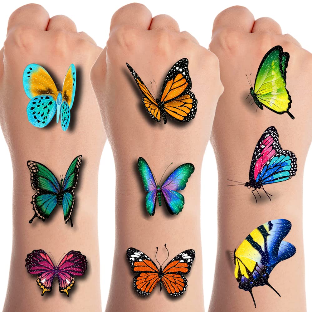 3D Glitter Butterfly Temporary Tattoos for Kids & Adults - Waterproof Fake Tattoo Stickers for Birthday Parties, Fairy Themed Events, Halloween Costumes - Perfect for Girls, Boys, Women Party Favors and Festival Decorations