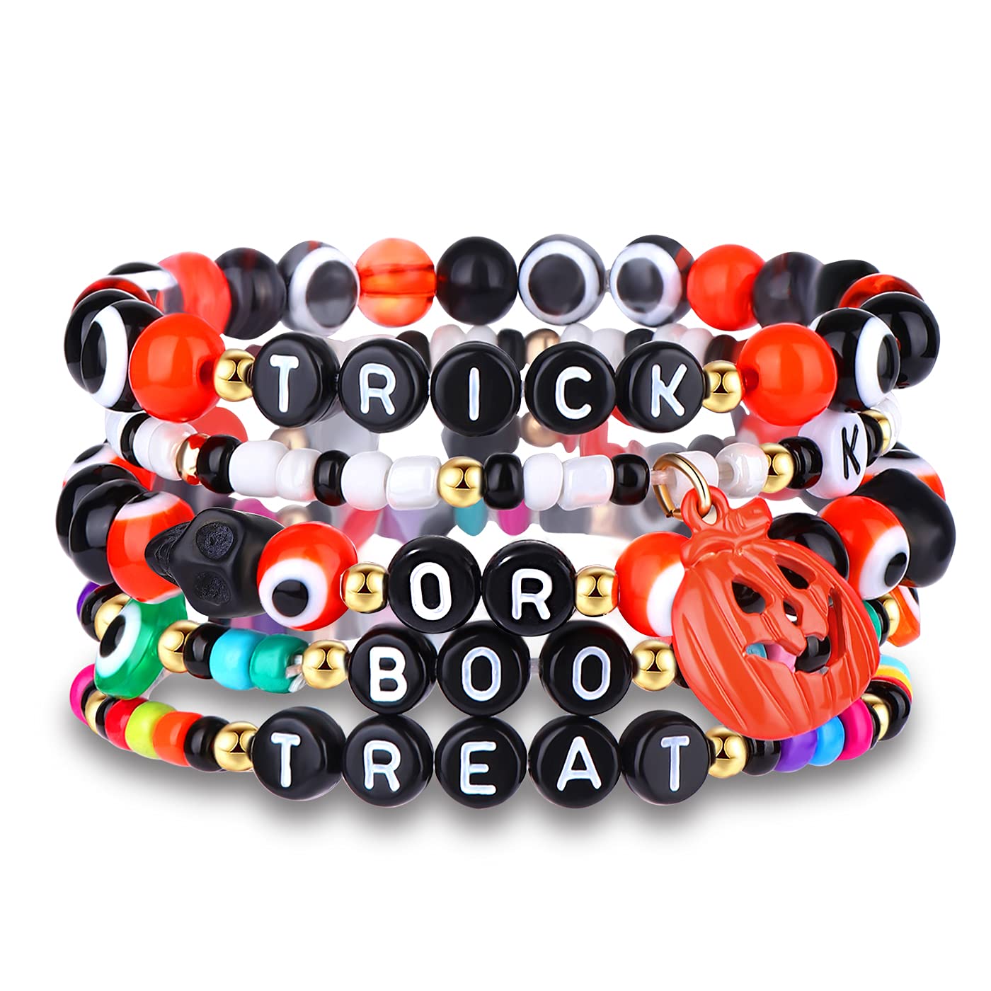 Halloween Beaded Bracelets for Women & Girls - BOO Pumpkin Charm Stretch Bracelet in Orange & Black - Perfect for Halloween Parties, Trick or Treating & Holiday Gifts
