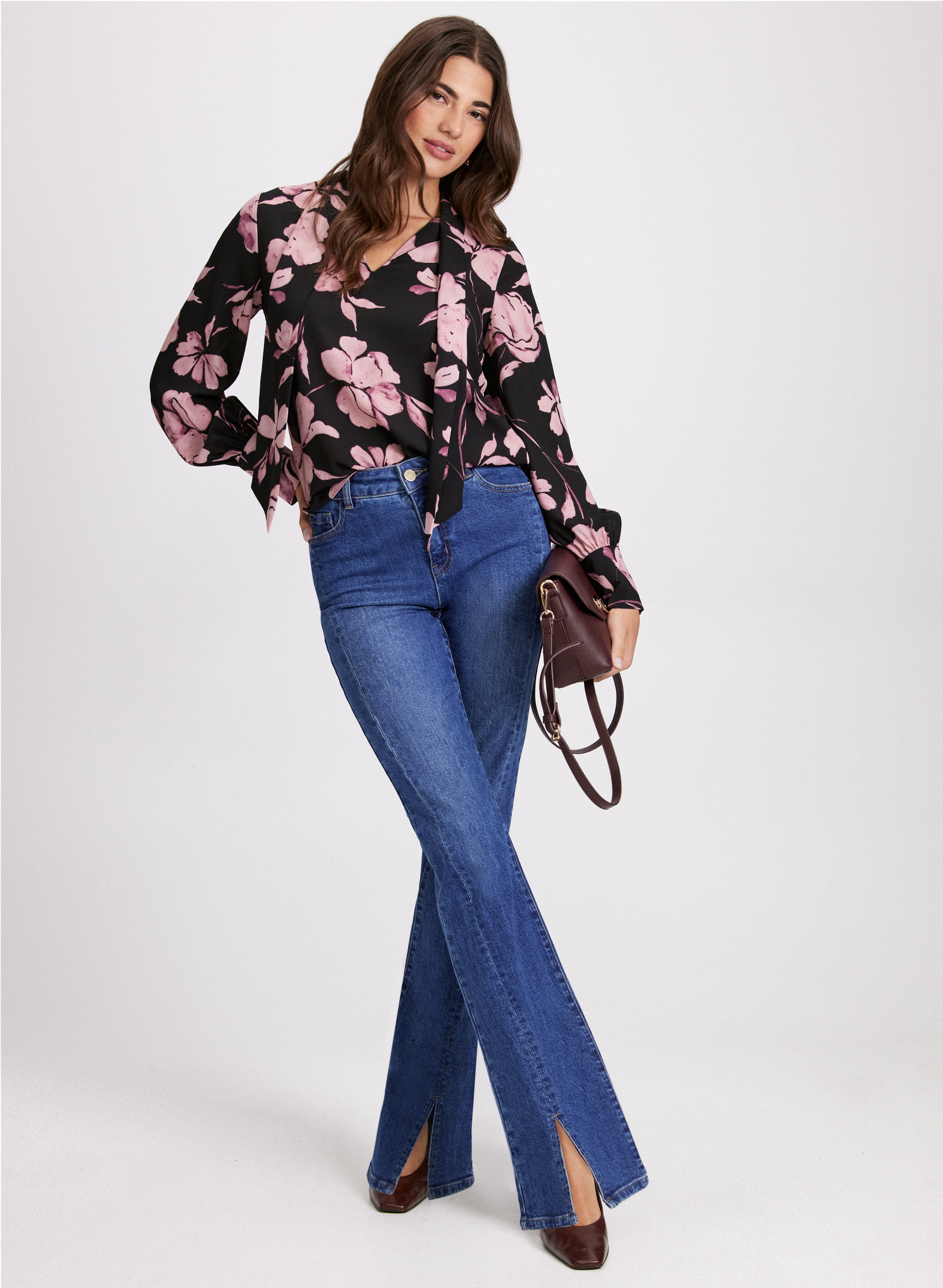Floral Print Blouse & Flared Slit Jeans Set - Women's Stylish Casual Outfit for Spring Summer Date Night & Office Wear