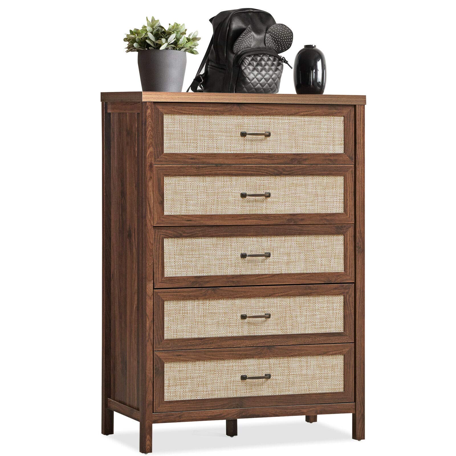 Vintage Rattan Storage Cabinet - 5 Drawer Chest for Bedroom & Living Room