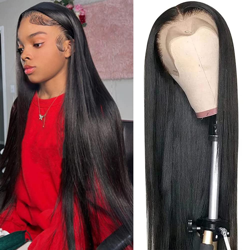 JARAMA 13x4 Straight Lace Front Wig Human Hair 32 Inch 180% Density HD Transparent Lace Brazilian Hair Wig - Pre Plucked Glueless Lace Frontal Wig for Women (Natural Black) | Perfect for Daily Wear, Cosplay & Special Occasions