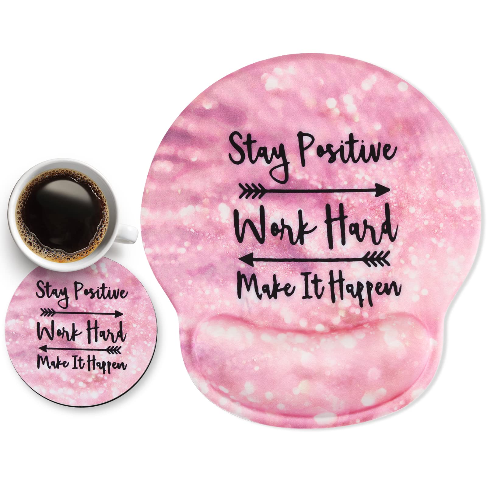 Ergonomic Mouse Pad with Wrist Rest - Cute Pink Stay Positive Design - Memory Foam & Non-Slip PU Base for Pain Relief - Perfect for Office, Gaming & Home Computer Use - Comfortable Typing & Mouse Support
