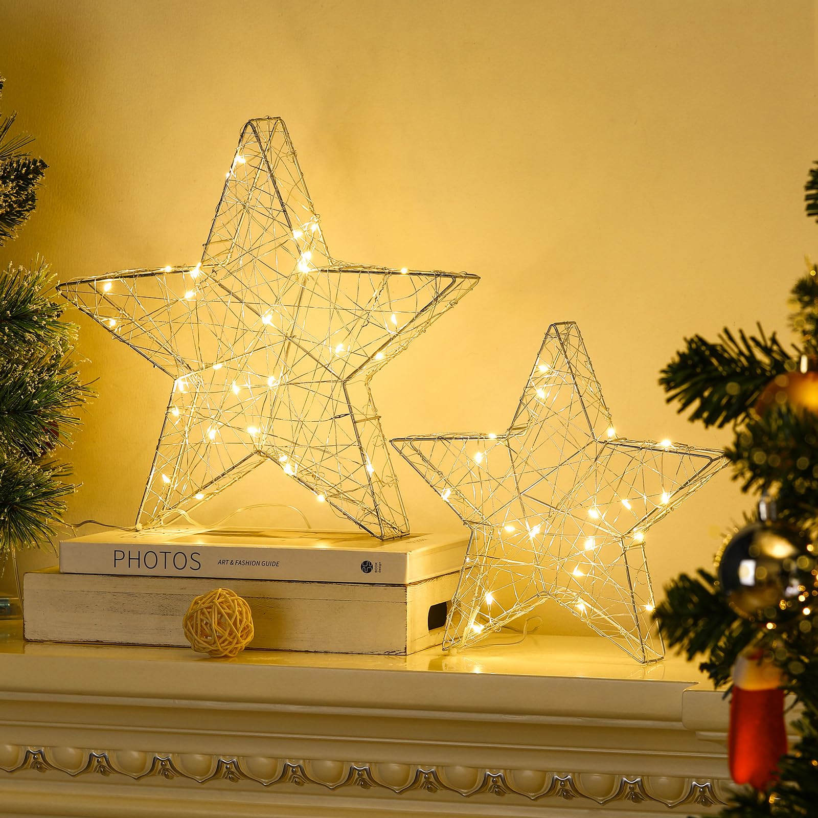 Lewondr 2 Pack Decorative Table Lamp - Battery/USB Powered LED Star Christmas Desk Lamp with Timer, Wrought Iron Warm Light for Bedroom Nightstand (Silver) | Perfect for Holiday Decor, Bedside Lighting & Cozy Home Ambience