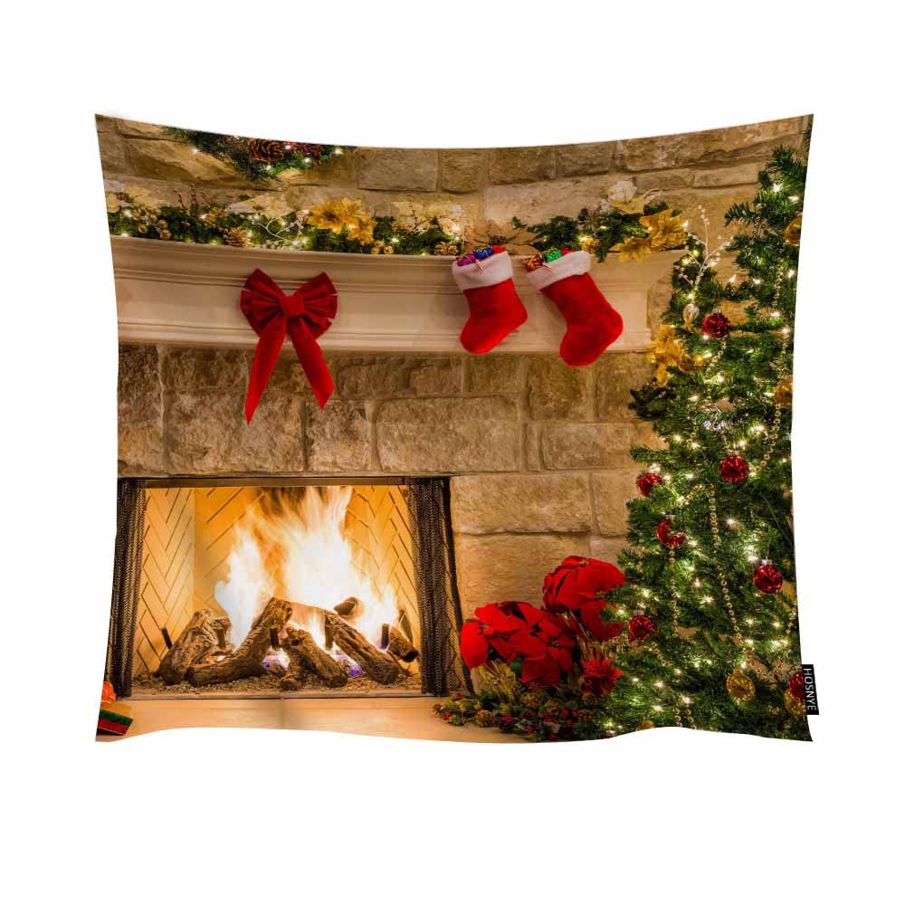 Cozy Christmas Fireplace Tapestry - 90x60 Inch Holiday Decor for Bedroom & Living Room