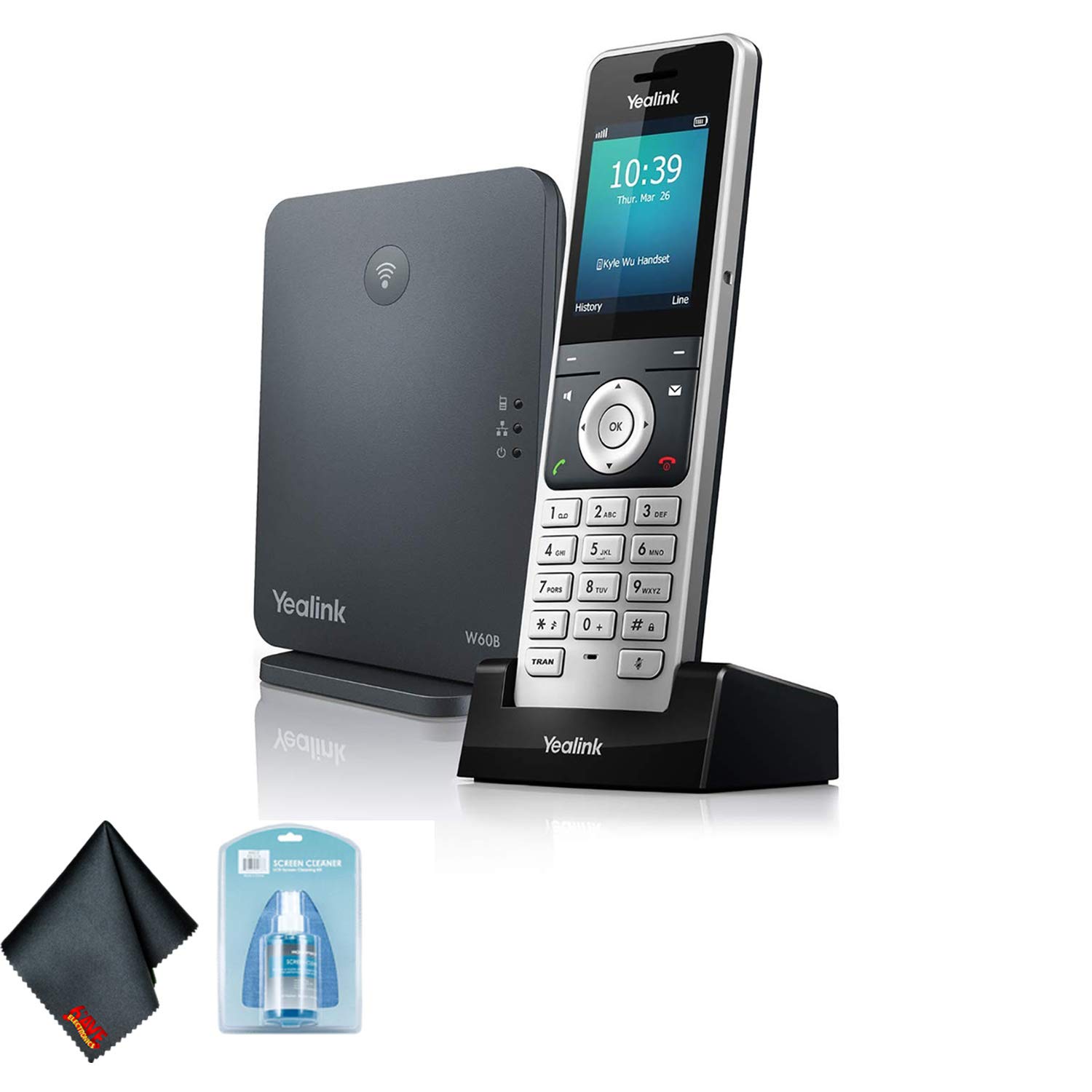 Yealink W60P Wireless DECT IP Cordless Office Phone System with Base Station & 6AVE Universal Screen Cleaner - Ideal for Business Communication & Device Maintenance