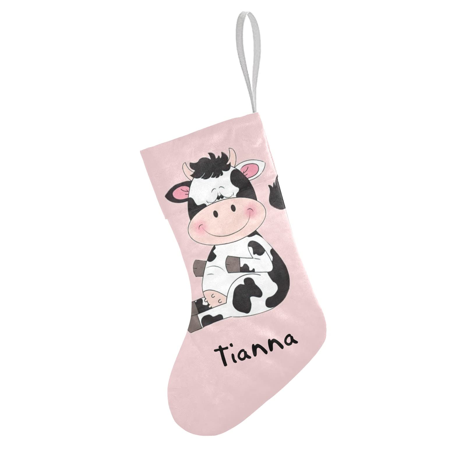 Personalized Christmas Stocking with Name - Pink Cartoon Cow Design for Family Holiday Decorations | 17.52 x 7.87 Inch | Perfect for Xmas Gifts, Fireplace Mantel & Festive Home Decor