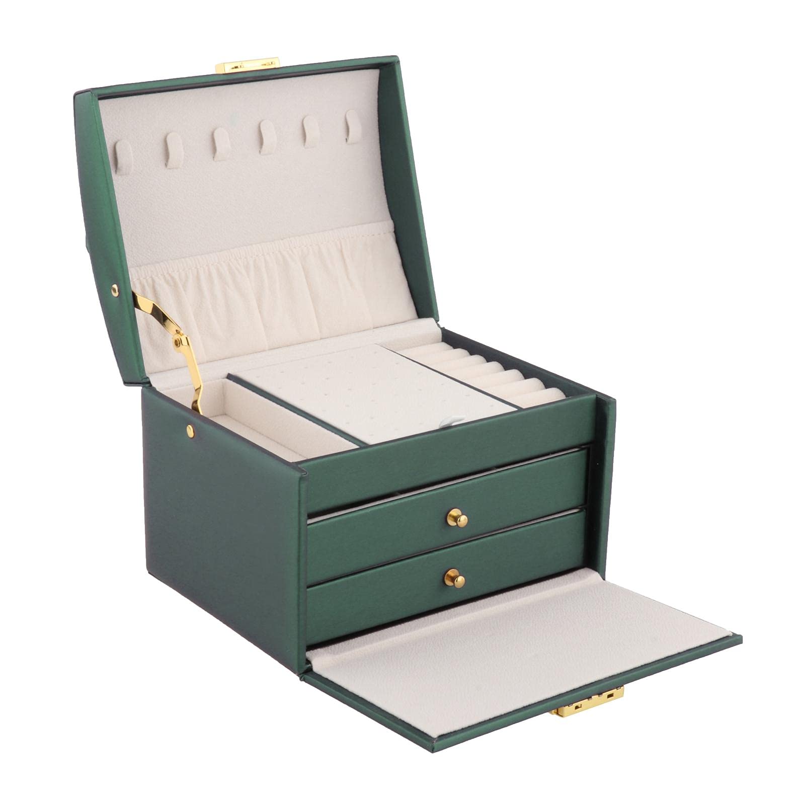 FAKEME PU Leather Jewelry Storage Box - Watch & Makeup Organizer with Drawers, Decorative Trinket Box for Dresser - Perfect Gift for Women (Green) | Jewelry Organization & Home Decor Accessory